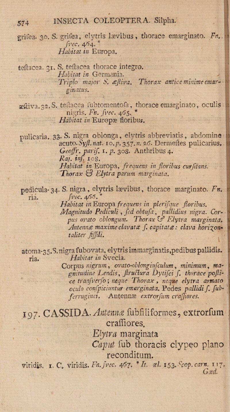 574 INSECTA COLEOPTERA. Sitpha. ; o-rifea. 70. S. srrifea, «lytris laevibus, thorace enaareinato. Fn, ii Jvec. 404. Habitat in Europa. | ] teftacea. 31. S. tefhcea thorace integro. Habitat in Germania. Triplo major S. cejliva. Thorax antice minime emar- ginatus. . '■ . .. - A /j ■ aeftiva.32.S. teftacea fubtomentofa, thorace emarginato, oculis j| nigris. Fn. Jvec. 465, * Habitat in Europa floribus. pulicaria. 33. S. nigra oblonga, elytris abbreviatis, abdomine M acuto. Syfl. riat. lo.p. 357.n. 26. Dermeftes pulicarius. u Geoffir. parif. 1. p. 308. Anthribus4. Raj. inf. iog. Habitat in Europa, frequens in floribus curfltans. Thorax 0 Elytra parum marginata. pedicula* 34. ria. S. nigra, elytris laevibus, thorace marginato. Fn. Jvec. 465. * Habitat in Europa frequens in pierifque floribus. Magnitudo Pediculi, fed obtufa, pallidius nigra. Cor¬ pus ovato oblongum. Thorax Elytra marginata. Antenna maxime clavatae f. capitata: clava korigon- taliter JiJJili. f ■ atoma-35.S. nigra fubovata, elytris immarginatis,pedibus pallidis, i ria. Habitat in Svecia. Corpus nigrum, ovato-oblongiufculum, minimum, ?«£- i gnitudine Lendis, Jlruftura Dytifci f. thorace pofli- ce tranfverfo; neque Thorax, neque elytra armato oculo confpiciuntur emarginata. Pedes pallidi f. fub- 1 ferruginei. Antennae extrovfum crajjiores. 197. CASSIDA. Antenna fubfili formes, extrorfum , craffiores, Elytra marginata Caput fub thoracis clypeo plano reconditum. viridis. 1. C. viridis. Fn.Jvec. 467, * It. */. 153. ccop. carn. 117. Gced.