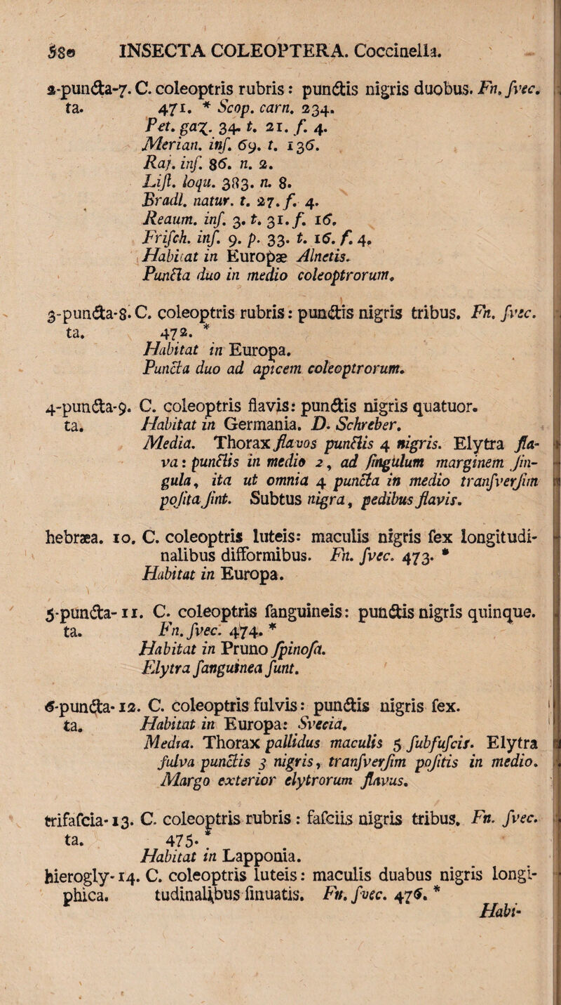 a-pun&a-y. C. coleoptris rubris: pundtis nigris duobus. Fn.fvec. ta. 471. * Scop. carn. 234. Pet.ga%. 34. t. ai. /. 4. JVkrim. inf. 69. t. 135. Fa/. inf. 86. n. 2. Lijl. loqu. 383. n. 8. Bradl. natur, t. 27./. 4. Reaum. inf. 3. t. 31. /. itf. Frifch. inf. 9. p. 33. £. i<S. f. 4. Habicat in Europae Alnetis* Puncla duo in medio coleoptrorum. 3-punda-s. C. coleoptris rubris: pun&is nigris tribus. F/x. /i\rc. ta. 472- * Habitat in Europa. Puncta duo ad apicem coleoptrorum. 4-punda*9. C. coleoptris flavis: pun&is nigris quatuor. ta. Habitat in Germania. D. Schreber. Media. Thorax flavos punttis 4 uzgrn. Elytra fla¬ va • punitis in medio 2, ac? fingulum marginem jin- gula, ita ut omnia 4 puncta in medio tranfverjim pojita Jint. Subtus nigra, pedibus flavis. hebraea. 10. C. coleoptris luteis: maculis nigris fex longitudi¬ nalibus difFormibus. F/z. fvec. 473. * Habitat in Europa . 5-punda-11. C. coleoptris fanguineis: pungis nigris quinque, ta. Fn. fvec. 4^4. * Habitat in Pruno fpinofa. Elytra f anguinea funt. <5-pun£ta-12. C. coleoptris fulvis: pun&is nigris fex. ta. Habitat in Europa: Svecia. Media. Thorax pallidus maculis 5 fubfufcis. Elytra fulva punctis 3 nigris, tranfverjim pojitis in medio. Margo exterior elytrorum flavus. trifafcia-13. C. coleoptris rubris: fafciis nigris tribus. Fn. fvec. ta. 475* * Habitat in Lapponia. hierogly-14. C. coleoptris luteis: maculis duabus nigris longl- phica. tudina4bus finuatis. Fn.fvec. 47$.* Habi-