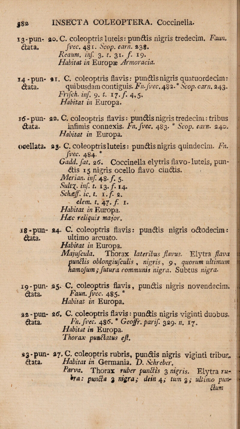 |8s 13- pun- sio. C. coleoptris luteis: pundis nigris tredecim. Faun. data, fvec. 48r. Scop. carn. 238. Reaum. inf. 3. t. 31. /. 19. Habitat in Europae Armoracia. 14- pun- *x. C. coleoptris flavis: pundisnigris quatuordecim: data. quibusdam contiguis. Fn.fvec. 482. * Scop. carn. 243. Frtfch. inf. 9. t. 17./. 4,5. Habitat in Europa. / 15- pun- 22. C. coleoptris flavis: pundis nigris tredecim: tribus data. infimis connexis. Fn.fvec. 483. * Scop. eam. 240. Habitat in Europa. ocellata. 23- C. coleoptris luteis: pundis nigris quindecim. Fn. fve.c. 484. * Gadd. fat. 2 5. Coccinelia elytris flavo - luteis, pun¬ dis 15 nigris ocello flavo cindis. Merian. inf 48* /. 5. Sult%. inf. t. 13./. 14. Schaff. ic. t. 1. f. 2. s dem. t. 47. f. 1. Habitat in Europa. Hac reliquis major. ig-pun- 24. C. coleoptris flavis: pundis nigris ododecim: data. ultimo arcuato. Habitat in Europa. Majufcula. Thorax lateribus flavus. Elytra flava pundis oblongiufculis , nigris, 9, quorum ultimum hamofum ; futura communis nigra. Subtus nigra. 19-pun* 25. C. coleoptris flavis, pundis nigris novendecim* data. Faun. fvec. 485. * Habitat in Europa. 22-pun- 25. C. coleoptris flavis:pundis nigris viginti duobus, data. Fn.fvec. 485. * Geoffr. parif. 329. n. 17. Habitat in Europa. Thorax pundatus efl. *3-pun- 27.0. coleoptris rubris, pundis nigris viginti tribus,, data» Habitat in Germania. D. Schreber, Parva. Thorax ruber punctis 3 nigris. Elytra rw- ha: puncta % nigra; de in 4; tum 2; ultimo pim \ dum
