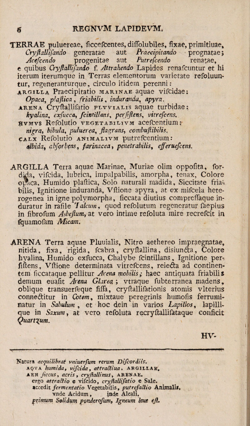 TERRAE puluereae, ficcefcentes, difiolubiles, fixae, primitiuae, Cryjlallifando generatae aut Praecipitando prognatae; Acefcendo progenitae aut Putrefcendo renatae, e quibus Cryjlallifando f. Attrahendo Lapides renafcuntur et hi iterum iterumque in Terras elementorum varietate refoluun- tur, regeneranturque, circulo itidem perenni: argilla Praecipitatio marinae aquae vifeidae: Opaca, plajlica, friabilis, induranda, apyra. arena Cryfiallifatio plvvialis aquae turbidae; hyalina, exfucca, fcintillans, perfijlcns, vitrefeens. &vmvs Refolutio vegetabilivm acefcentium: nigra, bibula, putuerea, flagrans, comlm/Ubilis. calx Refolutio animalivm putreficentium: albida, abforiens, farinacea, penetrabilis, efferuefeens. ARGILLA Terra aquae Marinae, Muriae olim oppofita, for* dkia, vifeida, lubrica, impalpabilis, amorpha, tenax, Colore o^ica, Humido plaftica, Solo naturali madida. Siccitate fria4 bilis, Ignitione induranda, Vfiione apyra, at ex mifcela hete- rogenea in igne polymorpha, ficcata diutius comprefiaque in¬ duratur in rafile 'Ialcum, quod refolutum regeneratur faepius in fibrofum Ashejlum, at vero intime refoluta mire recrefcit in fquamofam Micam. ARENA Terra aquae Pluuialis, Nitro aethereo impraegnatae, nitida, fixa, rigida, fcabra, cryfiallina, disiunda, Colore hyalina, Humido exfucca, Chalybe fcintillans, Ignitione per¬ fidens, Vfiione determinata vitrefeens, reieda ad continen¬ tem ficcataque pellitur Arena mobilis; haec antiquata friabilis demum euafit Arena Glarea ; vtraque fubterranea madens, oblique transuerfeque fifia, cryfiallifationis atomis vlterius conneditur in Cotem, mixtaue peregrinis humofis ferrumi¬ natur in Sabulum , et hoc dein in varios Lapillos, lapilli¬ que in Saxum, at vero, refoluta recryfiallifataque conficit Quart\um. HV- Natura aequilibrat vniuerfum rerum Difcordiis. aqva humida, vifeida, attractiua, argillae. AER jiccus, acris , cryjlallinus, arenae. ergo attraciio e vifeido, cryjlallifatio e Sale, accedit fermentatio Vegetabilis, putrefactio Animalif, vnde Acidum, inde Alcali, primum Solidum ponderofum, Igneum leue ejl.