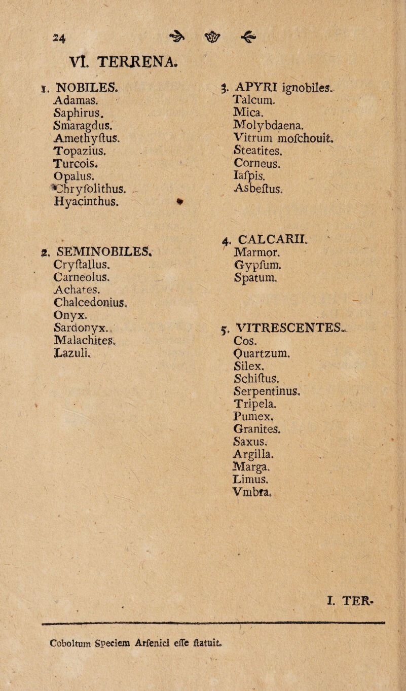 VI TERRENA. x. NOBILES. Adamas. Saphirus. Smaragdus. Amethyftus. Topazius. Turcois. Opalus. %3hryfolithus. Hyacinthus. % 2. SEMINOBILES. Cryftallus. CarneoJus. Achates. Chalcedonius, Onyx. Sardonyx. Malachit.es, Lazuli, APYRI ignobiles. Talcum. Mica. Molybdaena. Vitrum mofchouit Steatites. Corneus. Iafpis. Asbeftus. 4. CALCARII. Marmor. Gypfum. Spatum, 5. VITRESCENTES. Cos. Quartzum. Silex. Schiftus. Serpentinus, Tripela. Pumex. Granites. Saxus. Argilla. Marga. Limus. Vmbra, I. TER* Coboltum Speciem Arfenici elTe futuit