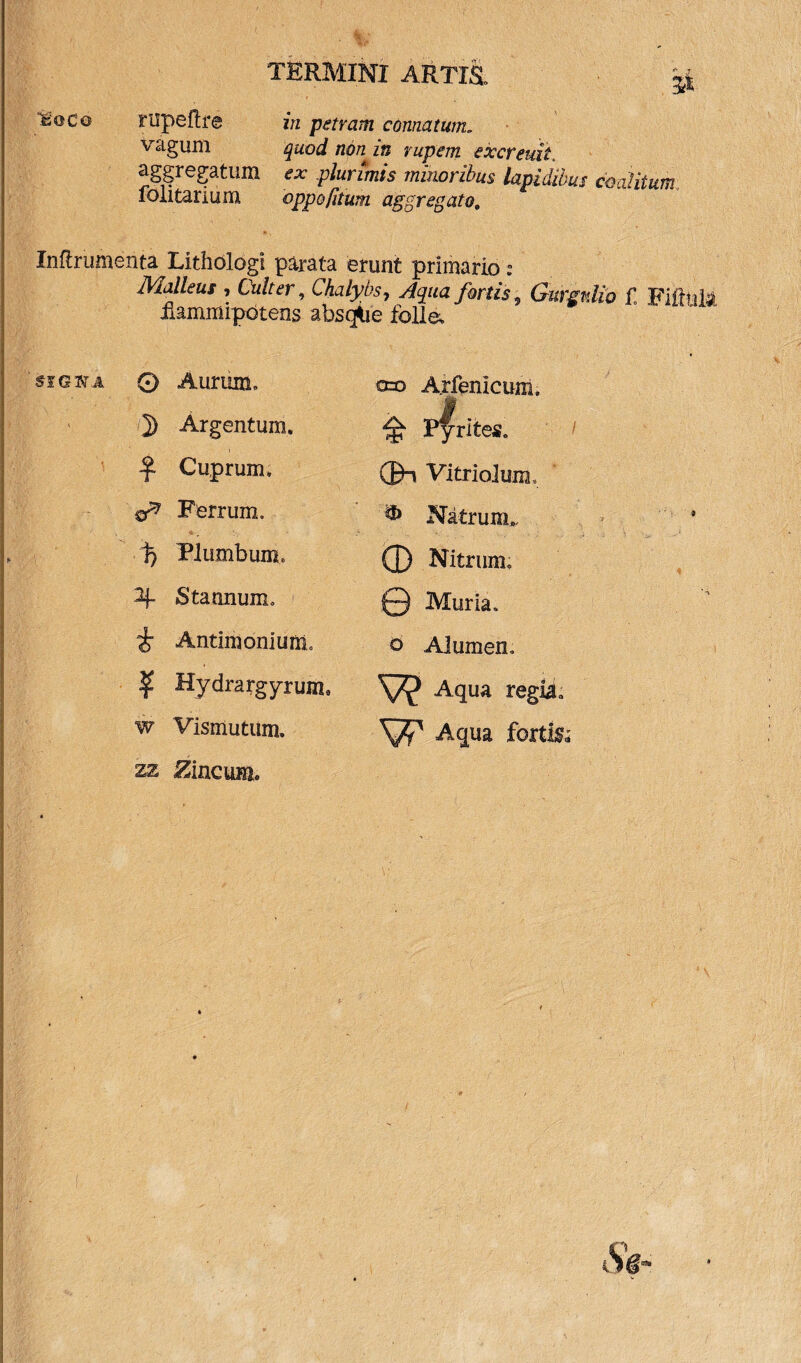 TERMINI ARTISL ; “&:oCo rupeflre in petram connatum, vagum quod non in rupem excreuk aggregatum ex .plurimis minoribus lapidibus coalitum folitarium oppofitum aggregato. Inftrumenta Lithologi parata erunt primario: Malleus i Culter, Chalybs 7 Aqua fortis s Gurgulio {' famiiiipdtens absqUe folle. 'SIGTtA | • 0 Aurum, o=o A.rfenicum, 1 i ' ' V 1 2) Argentum. ^ pfrites. \ I £ Cuprum, (Bh Vitriolum, . sr? Ferrum, ® Natrum,, ■ v • % Plumbum, (X) Nitrum, 1 Stannum, Q Muria. I . i Antiraonium, o Alumen, ? Hydrargyrum, Aqua regia. I [ I w Vismutum, W Aqua fortia zz Zincum*