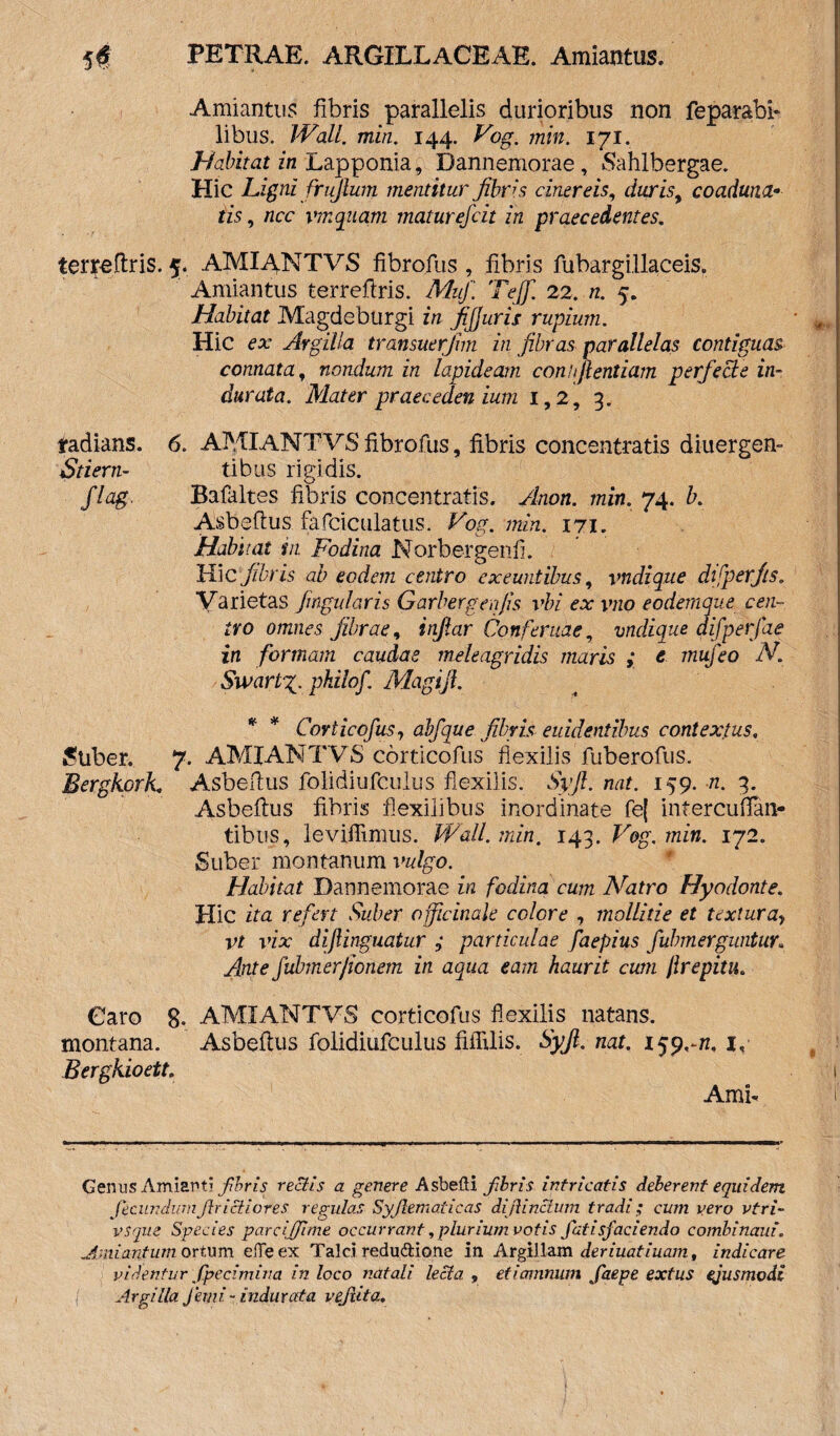 Amiantus fibris parallelis durioribus non reparabi¬ libus. Wall. miti. 144. Vog. min. 171. Habitat in Lapponia, Dannemorae, Sahlbergae. Hic Ligni firufium mentitur fibris cinereis, duris, coaduna¬ tis , ncc vmqiiam maturefcit in praecedentes. terreflris. 5. AMIANTVS fibrofus , fibris fubargillaceis. Amiantus terreftris. Muf. Tejf. 22. n. 5. Habitat Magdeburgi in fifiuru rupium. Hic ex Argilla transuerfim in fibras parallelas contiguas connata, nondum in lapideam conhjlentiam perfecte in¬ durata. Mater praeceden ium 1,2, 3. fadians. 6. AMIANTVS fibrofus, fibris concentratis diuergen- Stiern- tibus rigidis. flag. Bafaltes fibris concentratis. Anon. min. 74- Asbefius fafciculatus. Vog. mm. 171. Habitat in Fodina Norbergenfi. Hic fibris ab eodem centro exeuntibus, vndique dfper fis. Varietas fingularis Garberg eri jis vbi ex imo eodemque cen¬ tro omnes fibrae, injlar Confer ua e, vndique aifperfae in formam caudae meleagridis maris ; e muf eo N. Swartg. pkilof. Magijl. * * Corticofus, abfque fibris euulentibus contextus. Suber. 7. AMIANTVS corticofus flexilis fuberofus. Bergkorh. Asbefius folidiufcuius flexilis. Syjl. nat. 159. n. 3. Asbefius fibris flexilibus inordinate fe| intercufTan- tibus, leviffimus. Wall. min. 143. Vog. min. 172. Suber montanum vulgo. Habitat Dannemorae in fodina cum Natro Hyodonte. Hic ita refert Suber oficinak colore , mollitie et textura, vt vix diflinguatur ; particulae faepius fubmerguntur. Ante fubmer/ionem in aqua eam haurit cum jlrepitu. Caro 8- AMIANTVS corticofus flexilis natans, montana. Asbefius folidiufcuius fiffilis. Syjl. nat. 159^/z, 1, Bergkioett. Amb Genus Amianti fibris rectis a genere Asbefti fibris intricatis deberent equidem fecundum fricti ores regulas Syfematicas difinctum tradi; cum vero vtri~ vsque Species pare i fime occurrant, plurium votis fatisfaciendo combinaui. Amiantum ortura effeex Talci reduftione in Argillam deriuatiuam, indicare videntur fpecimina in loco natali lecta , etiamnum faepe extus ejusmodi Argilla Jem i - indurata vefita.