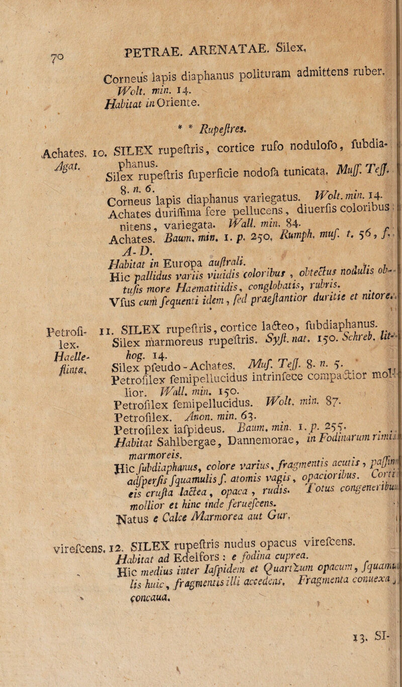 Corneus lapis diaphanus polituram admittens ruber. JVolt. min. 14. Habitat in Oriente, * * Rupejtres. Achates, 10. SILEX rupeftris, cortice rufo nodulofo, fubdia- JSat' Silex^rupeftris fuperficie nodofa tunicata. Mujf. Tejf. Corneus lapis diaphanus variegatus. JVolt. min.14. Achates duriffima fere pellucens, diuerfis coloribus nitens, variegata. Wall. min. 84- r Achates. Bawn, min. i. p, 250, Rumph, mw/. t. 5 , D. Habitat in Europa auftrali. Hic pallidus variis viuidis colonbur , obtectus nodulis ob-■ tufis more Haematitidis, conglobatis, tubus. Vfus cum/equenti idem, fed praejlantior duritie et nitore. Badie* iintst* Petrofi- 11. SILEX rupeftris, cortice lafteo, ftibdiaphan^. lex. Silex marmoreus rupeftris. Syft.nat. 150. bchre . Silex pfeudo-Achates. Muf.TeJJ. 8- 5* r Petrofilex femipellucidus intrinfece couipa^uor mo lior. TO/. min. 150. , Petrofilex femipellucidus. Jro/r, mw. o7* Petrofilex. Anon. min. 63. Petrofilex iafpideus. Bautn.min. i. p.25^. . . Habitat Sahlbergae, Dannemorae, in Fodinarum nmu marmoreis. . . ^ Hic fubdiaphanuSy colore varius, fragmentis acutis, adfperfis Squamulis f. atomis vagis, opacioribus. Coni tis crufia lactea, opaca, rudis. lotus congener m. mollior et hinc inde feruefcens. Natus £ Calce Marmorea aut Gur. 1 virefcens. 12. SILEX rupeftris nudus opacus virefcens. Habitat ad Edelfors : « fodina cuprea. Hic medius inter lafpidem et Quarflum opacum, fquainu. lis huic, fragmentis illi accedens. Fragmenta connexa, * eoncaua. 13. SI-