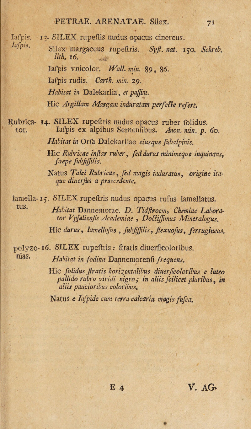 * V lafpis. 13. SILEX ruperis nudus opacus cinereus, .Lfpis, siieX margaceus rupeflris, SyJL nat,._ 150. Schreh lith. 16. 4# lafpis vnicolor. Wz//. mzE 89, gtf. lafpis rudis, CtorfA. min. 29. Habitat in Dalekaiiia, etpajfim. Hic Argillam Margam induratam perfe&e refert* Rubrica» 14, SILEX rupeflris nudus opacus ruber folidus, tor. lafpis ex alpibus Sernenflbus. Anon. mfn. p. 60, Habitat in Orfa Dalekarliae eius que fubalpinis. Hic Rubricae injlar ruber 9 fed durus minime que inquinans? faepe fubfijjilis. Natus Talei Rubricae, nzagfs induratus 9 origine ita¬ que diuerfus a praecedente. lamella» 15. SILEX rupeflris nudus opacus rufus lamellatus. tus. Habitat Dannemorae. D. Tidflroem, Chemiae Labora¬ tor Vpfalienfis Academiae ? DocHJfimus Mineralogus. Hic durus 1 lamdlofus , fubfijjilis, flexuofus9 ferrugineus, polyzo-16. SILEX rupeflris: Aratis diuerfieoloribus» Hias» Habitat in fodina Eannemorenli frequens. Hic folidus firatis horizontalibus diuerficolcribus e luteo pallido rubro viridi nigro ; in aliis fcilicet pluribus 9 in aliis paucioribus coloribus. Natus e lafpide cum terra calcaria magis fufca.