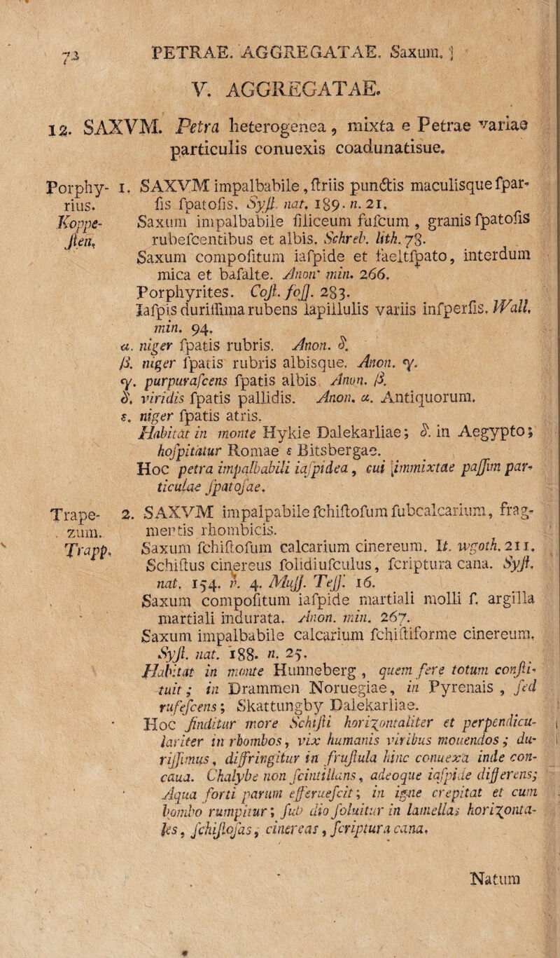 V. AGGREGATAE. 12. SAXVM. Petra heterogenea, mixta e Petrae variae particulis conuexis coadunatisue. Porphy- i. SAXVM impalbabile,ftriis pundis maculisquefpar* rius. fis fpatofs. Syfi. nat. 189. /2.21. Koppe- Saxum impalbabile fi lice um fufcum , granis fpatofs Jietu rubefcentibus et albis. Schreb. Uth. 73. Saxum compotitum iafpide et faeitfpato, interdum mica et bafalte. Anon' min. 266. Porphyrites. Cofi. fofi. 283. lafpis duriffima rubens lapillulis variis infperfs. Wall, min. 94. «. niger fpatis rubris. Anon. /i. niger fpatis rubris albisque. Anon. «y* cy. purpuvafcens fpatis albis Anon. (3. 3, viridis fpatis pallidis. Anon. a. Antiquorum, s. niger fpatis atris. Habitat in monte Hykie Dalekarliae; in Aegypto; hofpimur Romae s Bitsbergae. Hoc petra impalbabili ia. ptdea, cui [immixtae pajfjim par- ticufae fpatojae. Trape- , zum. Trapp. 2. SAXVM impalpabile fchidofum fubcalcarium, frag¬ ili er tis rhombicis. Saxum fchidofum calcarium cinereum. It. wgoth. 211. Schidiis cinereus folidiufculus, fcriptura cana. Syfi. nat. 154. v. 4. Mujj. Tejfi. 16. Saxum compotitum iafpide martiall molli f, argilla martiali indurata* Anon. min. 267. Saxum impalbabile calcarium fehiftifbrme cinereum, Syfi. nat. 188. m 25. Habitat in monte Hunneberg , quem fere totum confli- tuit; in Drammen Noruegiae, in Pyrenais , fed rufefcens; Skattungby Dalekarliae. Hoc finditur more Schtjii hori\ontaiiter et perpendicu- t lar iter in rhombos, vix humanis viribus monendos; da- i riffimus, diffringitur in frufiula hinc connexa inde con- cana. Chalybe non fcintillans, adeoque iafpide differens; Aqua forti parum efferuefeit; in igne crepitat et cum bombo rumpitur; fui) dio folmtur in lamellas horizonta¬ les , fchijlojas, cinereas, fcriptura cana, Natum