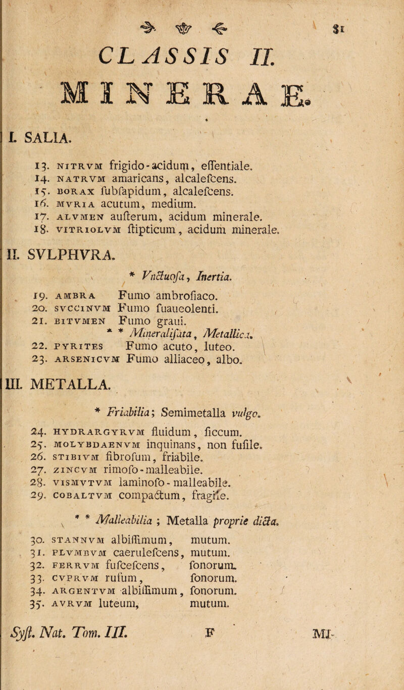 CLASSIS II. MINERAE. * ) L SALIA. 15. nitrvm frigido - acidum, effentiale. 14. natrvm amaricans, alcalefcens. 15. borax fubfapidum, alcalefcens. 16. mvria acutum, medium. 17. alvmen aufterum, acidum minerale, ig- vitriolvm ftipticum, acidum minerale. II. SVLPHVRA. x * Vnctuofa, Inertia. 19. aibra Fumo ambrofiaco. 20. svcoiNVM Fumo fuaueolenti. 21. bitvmen Fumo graui. * * Mineralifdta, Metallica. 22. pyrites Fumo acuto, luteo. 23. arsenicvm Fumo alliaceo, albo» III. METALLA. * Friabilia; Semimetalla vulgo. 24. hydrargyrvm fluidum, ficcum. 25. molybdaenvm inquinans, non fuflle. 26. stibivm fibrofum, friabile. 27. zincvm rimofo - malleabile. 2g. vismvtvm laminofo- malleabile. 29. cobaltvm coinpa&um, fragile. * Malleabilia ; Metalla proprie dici a. 30. stannvm albifllmum, mutum. 31. plvmbvm caerulefcens, mutum. 32. ferrvm fufcefcens, fanorum, 33. cvprvm rufum, fonorum. 34. argentvm albifllmum, fonorum. 35- avrvjvt luteum, mutum. SyJL Nat. Tom. III. F