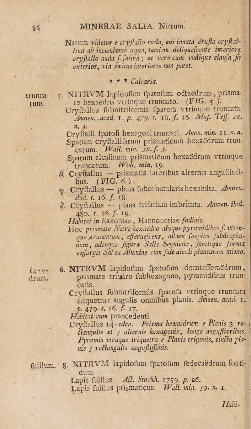 trunca¬ tum. AE. SALIA. Nitrum. Natum videtur e cryjldlo nuda, cui innata crufla cryj lina ab incumbente aqua, tandem deliquefcente interiore cryjlallo nuda fifalina ; at vero cum vndiqus clauja Jit exterior, via exitus interioris non patet. * * *■ Calcaria. 5, NITRVM lapidofum fpatofum o&aedrum , prisma¬ te hexaedro vtrinque truncato. (FIG. 5,). Cryftailus fubnitr i formis fpatofa vtrinque truncata. Amo en. .acad. 1 p. 479• t. 16. f. 16. MuJ. Tejf 28. n. 4. Cryftalli fpatofi hexagoni truncati. Anon.min. 11. n. a. Spatum cryftalli fatum prismaticum hexaedrum trun¬ catum. Wall min. S9.fi s- Spatum alcalinum prismaticum hexaedrum vtrinque. truncatum. Wolt. min. 19. /i Cryftailus — prismatis lateribus alternis anguftiori- bus. (FIG. 6.) «y. Cryftailus —* plana fuborbicularis hexaedra. Amo en. ibid. t. 16. f. i§. Cryftailus — plana trifariam imbricata. Amoen. ibid. 480. t. 16. f. 19. Habitat in Saxo,niae, Hannoueriae fodinis. Hoc prismate Nitri hexaedro absque pyramidibus f vtrin¬ que /truncatum, efferuefcens, album faepius fubdiapha- num, adeoque figura Salis Segniette, fimilique forma exfurgit Sal ex Alumine cum fale alcali plantarum mixto. jO.a* NITRVM lapidofum fpatofum decatefferaedrum, drunl prismate triudro fubhexagono, pyramidibus trun¬ catis. Cryftailus 'fubnitriformis fpatofa vtrinque truncata triquetra: angulis omnibus planis. Amoen. acad. i, p. 479. t. 16. /. 17. Habitat cum praecedenti. Cryftailus 14 -edra. Prisma hexaedrum e Planis 3 re- t llangulis et s alternis hexagonis, longe anguftioribus, i' Pyramis vtraque triquetra e Planis trigonis, cincta pla¬ nis s reft angulis anguJUjfiimis. fuillum, 8- NITRVM lapidofum fpatofum fedecaedrum foeti¬ dum. Lapis fuillus. Act. Stockh. 1759. P- Lapis fuillus prismaticus. Wall. min. sy• tu 1.