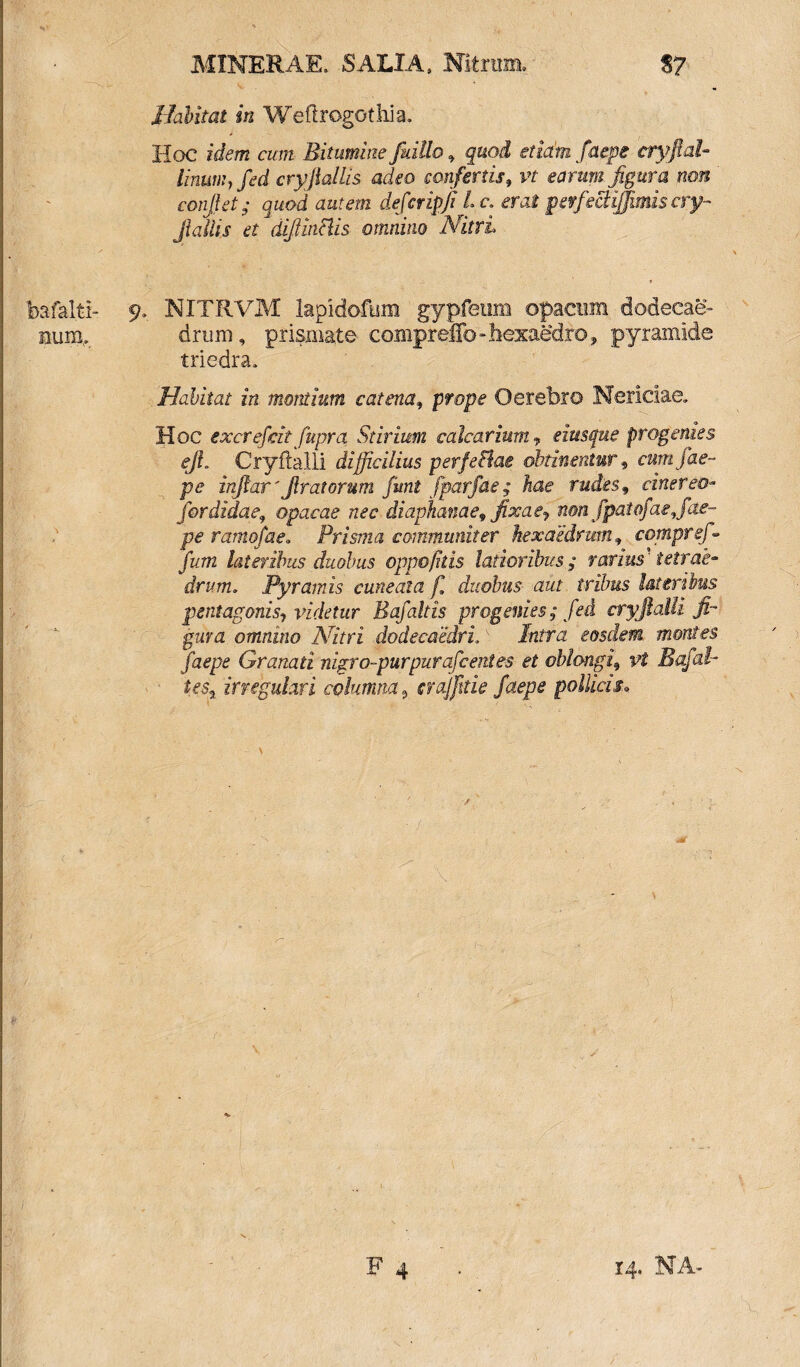 bafal ti¬ num. MINERAE. SALIA. Nitrum. %7 Habitat in Weftrogothia. Hoc idem cum Bitumine fuillo , quod etiam faeps cryfial- linum1 fed cryftallis adeo confertis, vt earum figura non confiet■ quod autem defer ipfi L c\ erat perfeciiffimis ay- jlallis et difiinBis omnino Nitri 9. NITRVM lapidofum gypfeum opacum dodecae- driirn, prismate compreffo - hexaedro , pyramide triedra. Habitat in montium catena, prope Oerebro Nericiae. Hoc excrefcit fupra Stiriam calcarium7 eiusque progenies eJL Cryftalli difficilius perfeflae obtinentur , curri fae- pc irifiar 'ficatorum fimt fparfae ; hae rudes9 cinereo- fordidae, opacae nec diaphanae, fixae, nonfpatofae9fae- pe ramofaeo Prisma communiter hexaedrum, compref- fum lateribus duobus oppo/itis latioribus; rarius' tetrae* drum. Pyramis cuneata fi duobus aut tribus lateribus pentagonis, videtur Bafaltis progenies; fed cryfiaili fi¬ gura omnino Nitri dodecaidri. - Intra eosdem montes faepe Granati nigro-purpurafc entes et oblongi, vt Baf al¬ tes, irregulari columna 9 rrajftie faepe pollicis.