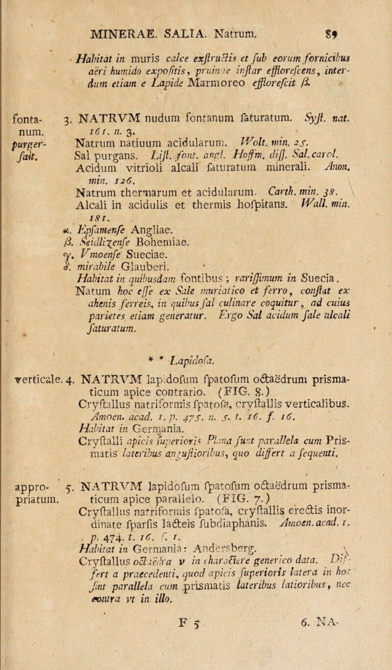 . , . ' ■ V i , Habitat in muris calce exftrucHs et fub eorum fornicibus aeri humido expolitis, pruinae injlar efflorefcens, inter¬ dum etiam e Lapide Marmoreo efflor efcit /3.  j . ■ • 3. NATRVM nudum fontanum faturatum. Syjt. nat. 161. n. 3. Natrum natiuum acidularum. Walt. min. 2$. Sal purgans. Lijl.font. angi Hoffm. diffl Sal.carol. Acidum vitrioli alcali faturatum minerali. Anon. min. 126. J. V \ Natrum thermarum et acidularum. Carth.min. j<?. Alcali in acidulis et thermis hofpitans. Wzll. min. 18 r. se. Epfamenfe Angliae. /3. Seidlixpnfe Bohemiae. «y* Vmoenfe Sueciae. &, mirabile Glauberi. Habitat in quibusdam fontibus ; varifflmum in Suecia. Natum hoc e [Je ex Sale muriatico et ferro, conjiat ex akenis feneis, in quibus fal culinare coquitur, ad cuius parietes etiam generatur. Pago Sal acidum fale alcali faturatum. . ... ' ;• • - ’\ ■ j * * Lapidofa. verticale. 4. NATRVM lapidofum fpatofum odaedrum prisma- ticum apice contrario. (FIG. 8-) Cryflallus na triformis fpatofa, cry (lallis verticalibus. Amoen. acad. r. p. 475, n. s- t. 16. f. 16. Habitat in Germania. Cry(lalli apicis fuperiori* Plana funt parallela cum Pris¬ matis lateribus angufiioribus, quo differt a fequenti. t appro- ’ 5. NATRVM lapidofum fpatofum odaedrum prisma- priatum. ticum apice parallelo. (FIG. 7.) Cryhallus natriforrnis fpatofa, cryhallis eredis inor¬ dinate fparfis ladeis fubdiaphanis, Amoen. acad. r. p. 474. t. 16. f. r. Habitat in Germania: Andersberg. Cry (talius octaedra v in charafiere gener ico data. _ Dif¬ fert a praecedenti, quod apicis fuperioris latera in hoc jmt parallela cum prismatis lateribus latioribus, nec mitra vt in illo. fonta¬ num. purger- fait.