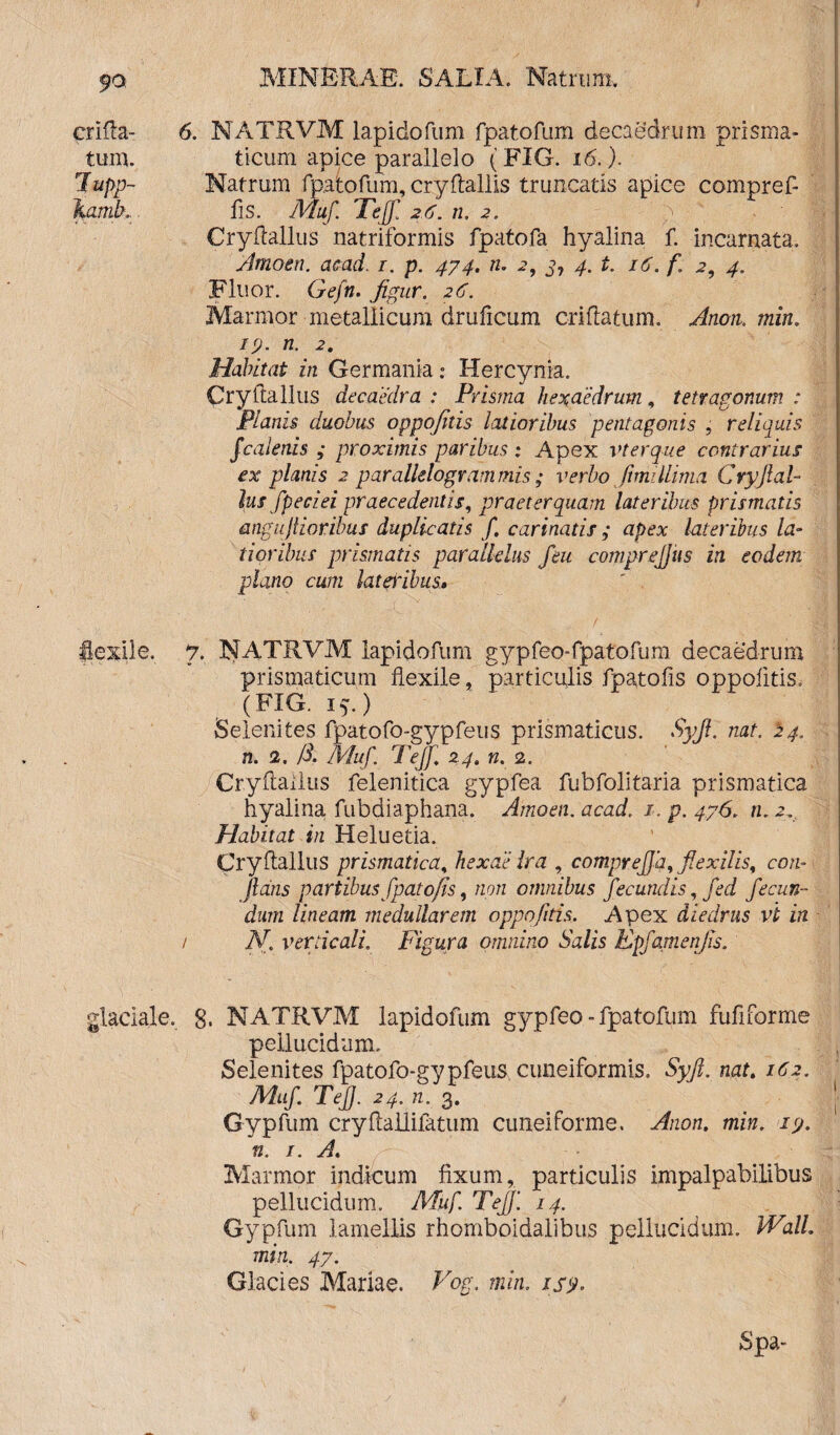 crifta- tura. Jupp- ~kamb. 6. NATRVM lapidofum fpatofum decaedrum prisma- ticum apice parallelo (FIG. 16.). Natrum fpatofum, cryftallis truncatis apice compref- fis. Muf Tejf. 26. n. 2. 9 Cryftallus natriformis fpatofa hyalina f. incarnata. Amoen. acad. r. p. 474. n. 2, 3, 4. t. 16. f 2, 4. Fluor. Gefn. figur. 26. Marmor metallicum druficum criftatum. Arion, min, /9. /2. 2. Habitat in Germania: Hercynia. Cryftallus decaedra : Prisma hexaedrum, tetragonum : Planis duobus oppofais latioribus pentagonis , reliquis fcalenis ; proximis paribus ; Apex vterque contrarius ex planis 2 parallelogrammis ; verbo fimillima Cryflal- lus fpeciei praecedentis, praeterquam lateribus prismatis anguflioribus duplicatis f carinatis; apex lateribus la¬ us in eodem tioribus prismatis parallelus feu compre’ plano cum lateidbus. flexile. 7. NATRVM lapidofum gypfeo-fpatofum decaedrum prismaticum flexile, particulis fpatofis oppofitis. (FIG. 15.) Selenites fpatofo-gypfeus prismaticus. Syfl. nat. i4. n. 2, /3. Muf. Tejf. 24. n. 2. Cryftallus felenitica gypfea fubfolitaria prismatica hyalina, fubdiaphana. Amoen. acad. 1. p. 476. n. 2. Habitat in Heluetia. Cryftallus prismatica, hexaelra , comprejja, flexilis, con¬ flans partibus fpatofis, non omnibus fecundis, fed fecun¬ dum lineam medullarem oppofitis. Apex diedrus vi in 1 N. verticali. Figura omnino Salis Kpfamenjis. glaciale. 8. NATRVM lapidofum gypfeo - fpatofum fuflforme pellucidum. Selenites fpatofo-gypfeus, cuneiformis. Syft. nat. 162. Muf. Tefj. 24. n. 3. Gypfum cryftallifatum cuneiforme. Anon. min. 19. n. 1. A. Marmor indicum fixum, particulis impalpabilibus pellucidum. Muf. Tejf. 14. Gypfum lamellis rhomboidalibus pellucidum. Wall min. 47. Glacies Mariae. Vog. min» 1/9.
