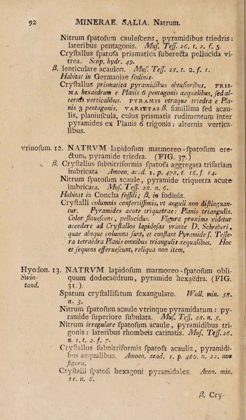 9-2 MINER A E. 8ALIA. Natrurn. Nitrum fpatofum caulefcens, pyramidibus triedris: lateribus pentagonis. Muf. Tefif. 26. t. 2. /. 5 Cryflallus^ fpatofa prismatica fubereda pellucida vi¬ trea, Scop. hydr. 49. fi> lenticulare acaulon. Muf. Teff. 28. t. 2./. 1. Habitat in Germaniae fodinis. Cryflallus prismatica pyramidibus obtufioribus. pris¬ ma hexaedrum e Planis 6 pentagonis aequalibus, fed al¬ ter itis verticalibus, pyramis vtraque triedra e Pla¬ nis 3 pentagonis, varirtas fi. fimillima fed acau- lis, planiufcula, cuius prismatis rudimentum inter pyramides ex Planis 6 trigonis; alternis vertica¬ libus. vrinofum. 12. NATRVM lapidofum marmoreo-fpatofum ere¬ dum, pyramide triedra. (FIG. 37.) fi. Cryflallus lubnitriformis fpatofa aggregata trifariam imbricata, Amoen. acad. 1. p. 478.-t. i6.f. 14. Nitrum fpatofum acaule, pyramide triquetra acute imbricata. Muf Teff'. 28. n. 6. Habitat in Concha fojfiili; fi. in fodinis. Cryflaili columnis confertiffmis, vt anguli non difiinguan- tur. Pyramides acute triquetrae: Planis triangulis. Color flauefcem\ pellucidus. Figura proxime videtur accedere ad Cryjlallos lapidofas vritiae D. Schrebcri y quae absque columna funt, et confiant Pyramidef. T effe¬ ra tetraedra Planis omnibus triangulis aequalibus. Hoc et fequens efferuefcunt, reliqua non item, Hyodon. 13. NATRVM lapidofum marmoreo-fpatofum obli- Swin- quum dodecaedrum, pyramide hexaedra. (FIG. tand. 3t.). Spatum cryftallifatum fexangulare. Wall. min. ss. n. 3. Nitrum fpatofum acaule vtrinque pyramidatum: py¬ ramide fuperiore fubulata. Muf Teff. 28. n. s. i Nitrum irregulare fpatofum acaule, pyramidibus tri¬ gonis : lateribus rhombeis carinatis. Muf. Teff'. 26, n. 1.1. 2.f. 7.' Cryflallus fubnitriformis fpatofa acaulis, pyramidi¬ bus aequalibus. Amoen. asad. t. p. 480. n. 22. non figura. r Cryflaili fpatofi hexagoni pyramidales. Ar.on. min. i/, n. 6. fi. Cry-