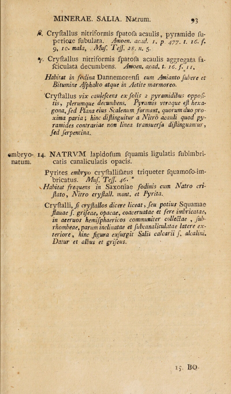 «mbryo- natum. MINERAE. SALTA. Nitrum. $3 Cryftallus nitriformis fpatofa acaulis, pyramide fu- perioie fubulata. Amoen. acad. /. p 477. t. 16. f. 9, /0. ww/a, Afw/! Tejj'. 28. n. 5. y Cryftallus nitriformis fpatofa acaulis aggregata fa- fciculata decumbens. Amoen. apad* t. 16. f. n% Habitat in fodina Dannemorenfi cum Amianto /ubere et' Bitumine Afphalto atque in Aetite marmoreo. 'Cryflallus vix caule flens ex /olis 2 pyramidibus oppo/i- tisy plerumque decumbens. Pyramis vtraque eji hexa¬ gona, fed Plana eius Scalenum formant, quorum duo pro¬ xima paria; hinc diflinguitur a Nitro acauli quod py¬ ramides contrariae non linea transuerfa diflinguantur, fed ferpetit ina, 14. NATRVM lapidofum fquamis ligulatis fubimbri- catis canaliculatis opacis. Pyrites embryo cryftallifatus triqueter fquamofo-im- bricatus. Mu/ TeJ/. 46. * v P!abitat frequens in Saxoniae fodinis cum Natro eri- flato j ATitro cryflall. mont. et Pyrita. Cryflalli, fi cvyflallos dicere liceat, /eu potius Squamae flauae /. grifeae, opacae, coaceruatae et fere imbricatae, in aeeruos hemifphaericos communiter collectae , fub- rhombeae, parum inclinatae et fubcanaliculatae latere ex¬ teriore, /ti/ic figura ex fur git Salis calcarii /. alcahni» Datur et albus et grifeus.