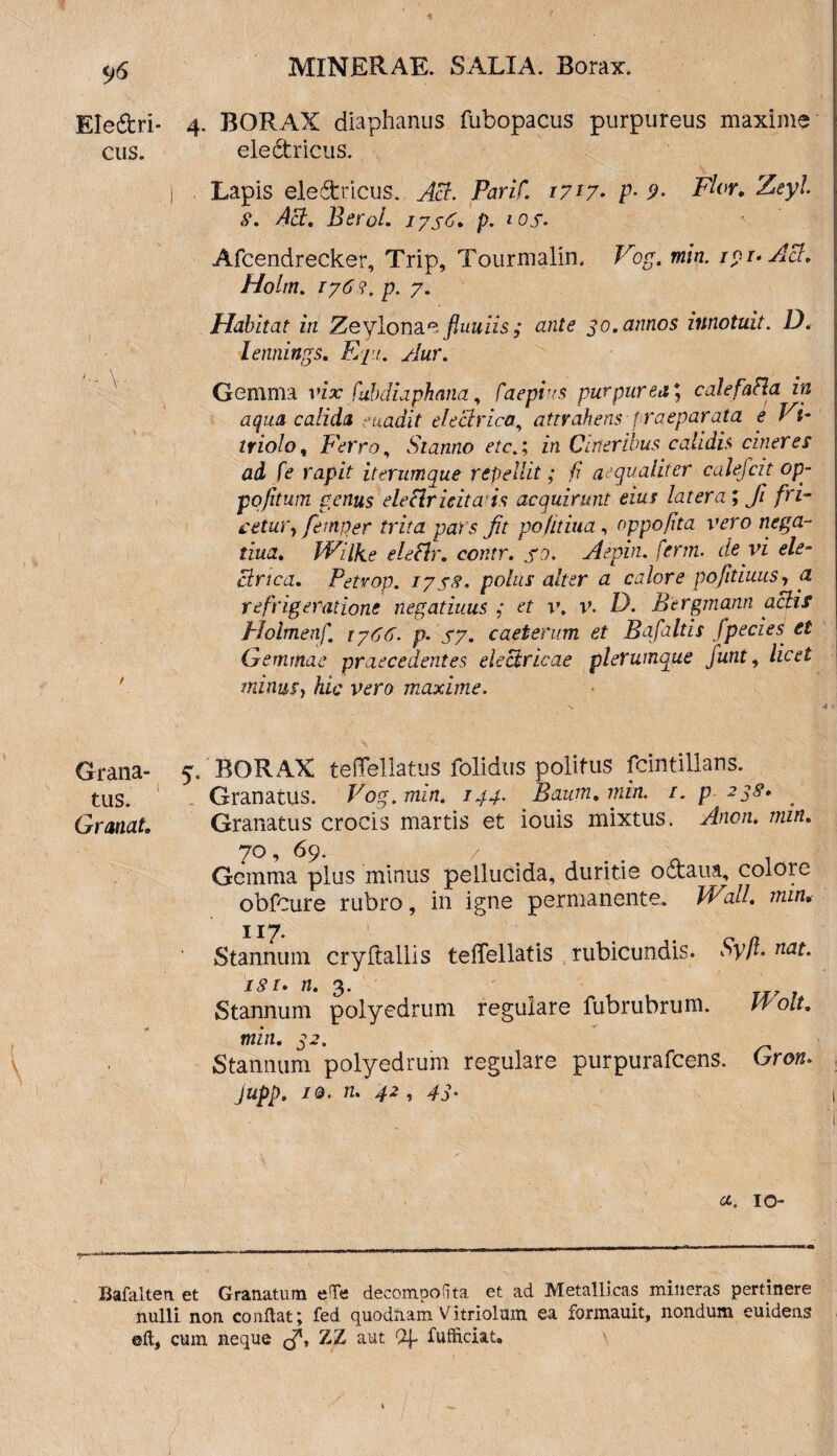 Eledri- 4. BORAX diaphanus fubopacus purpureus maxime cus. eledtricus. I Lapis eledtricus. AB. Parif. 1717- p- 9- Flor. Zeyl s. AB. Berol. I7S<7. p. ios. Afcendrecker, Trip, Tourmalin, Vog. min. ipr.AB. Holm. ij6 ?. p. 7. Habitat in Zeylona°. fluuiis; ante 30. annos innotuit. D. lennings. Equ. Aur. Gemma vix fubdiaphana, faepius purpurea; calefaRa in aqua calida uadit electrica, attrahens praeparata e Vi- triolo, Ferro, Stanno etc.; in Cineribus calidis cineres ad fe rapit it erum que repellit; (i aequaliter calefcit op- po/itum penus eleclricita is acquirunt eius latera ; Ji fri- cetury femo er trita pars fit pofitiua, oppofita vero nega- tiuct. Wilke elecir. contr. so. Aepin. fertn. de vi ele¬ ctrica. Petvop. 1758. polus alter a calore pofitiuus, a refrigeratione negatiuus ; et v. v. D. Bergmann aciis Holmenf 1-766. p. S7. caeterum et BaJaltis fpecies et Gemmae praecedentes electricae plerumque funt, licet minus, hic vero maxime. Grana- 5. BORAX teffellatus folidus politus fcintillans. tus. Granatus. Vog. min. 144. Baum.min. /. p 238. . Granat. Granatus crocis martis et iouis mixtus. Anon. min. 7°, 69. / n . Gemma plus minus pellucida, duritie octaua, colore obfcure rubro, in igne permanente. Wall, min, 117. n Stannum cryftallis teffellatis rubicundis. Syjt. nat. ISU U‘ 3' ' , .j; Stannum polyedrum regulare fubrubrum. Ifolt. min. 32. Stannum polyedrum regulare purpurafcens. Gron. jupp. iq. n. 42, 43. cc. 10- Bafalten et Granatum eTe decompofita et ad Metallicas mineras pertinere nulli non conflat; fed quodnamVitriolum ea formauit, nondum euidens eft, cum neque Jb ZZ aut fufficiat.