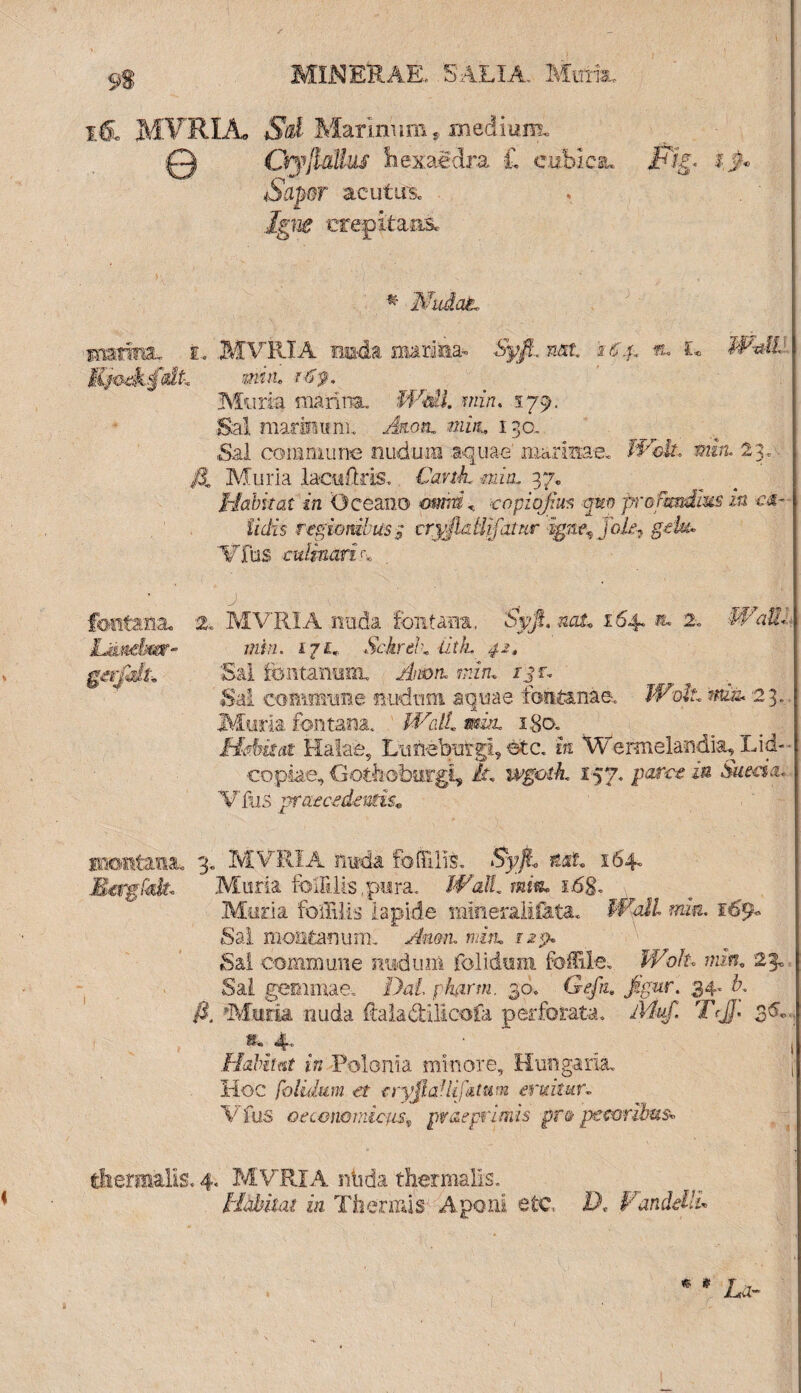 l& MFRXA, Sol Marinum» medium, Q Crfjbllus hexaedra £ cubicsu Fig< Sapor acutus. Igne -crepitans. * NiidaL. inatinsL i. MVRIA mda marina-. Syfi.nat '164. «. £* Mfoekfidk mia, 169. Muria manna. Wdl. min. 579. Sal marinum. Artott, mia. 130. Sal commune nudum aquae' marinae. Wek. min. 23. A Muria laeu&is.. Cavtk mia. 37. Habitat in Oceano omri-% oopiojius qun pro ftmdms in e&- iidis regionibus $ cryJlaUtfatur igne^Jok7 geUu 'Vfus culmaric» fontana. 2. MVRIA nuda fontana. Syfi. nas* 164. jl 2. WaU<: min. iji. Sckreh iitk 42. Sal fontanum. Amn.. mim 13 r* Sal commune siudnm aquae fontanae. IVoik 'miu. '23., Muria fontana. ffAA. wz. 180. Habitat Halae, Limebufgi, etc. fo Wermelandia, Lid«- copiae, Gothobuigi, it. wgoik 157. /rare* Sueaa. Vfus praecedentis* 3. MVRIA nuda fo (filis. Sjpjfo 164. Muria folBUs ,pura„ Walt mi«. 1.68. Muria foffilis Iapide minerali fata. Wall min. 169« Sal montanum. AW/i. w/in. Sai commune nudum folidmii fcf&le. Wok, mm. 23. Sal gemmae. Dat pkirm, 30. Gefn» figar. 34. A A Muria nuda ftaia&illcofa perforata, TrJJ* 35.. g. 4. Habitat in Polonia minore, Huingaria. Hoc folidum ei cryjlaUifutum eruitur. V fus oeconomicus, prae primis pr& pecoribus* therasdis. 4. MVRIA ntida thermalls. Habiiat in Thermis Aponi etc, D, FanddlL Ijmebm- nxmtana.. MergfA * * La~