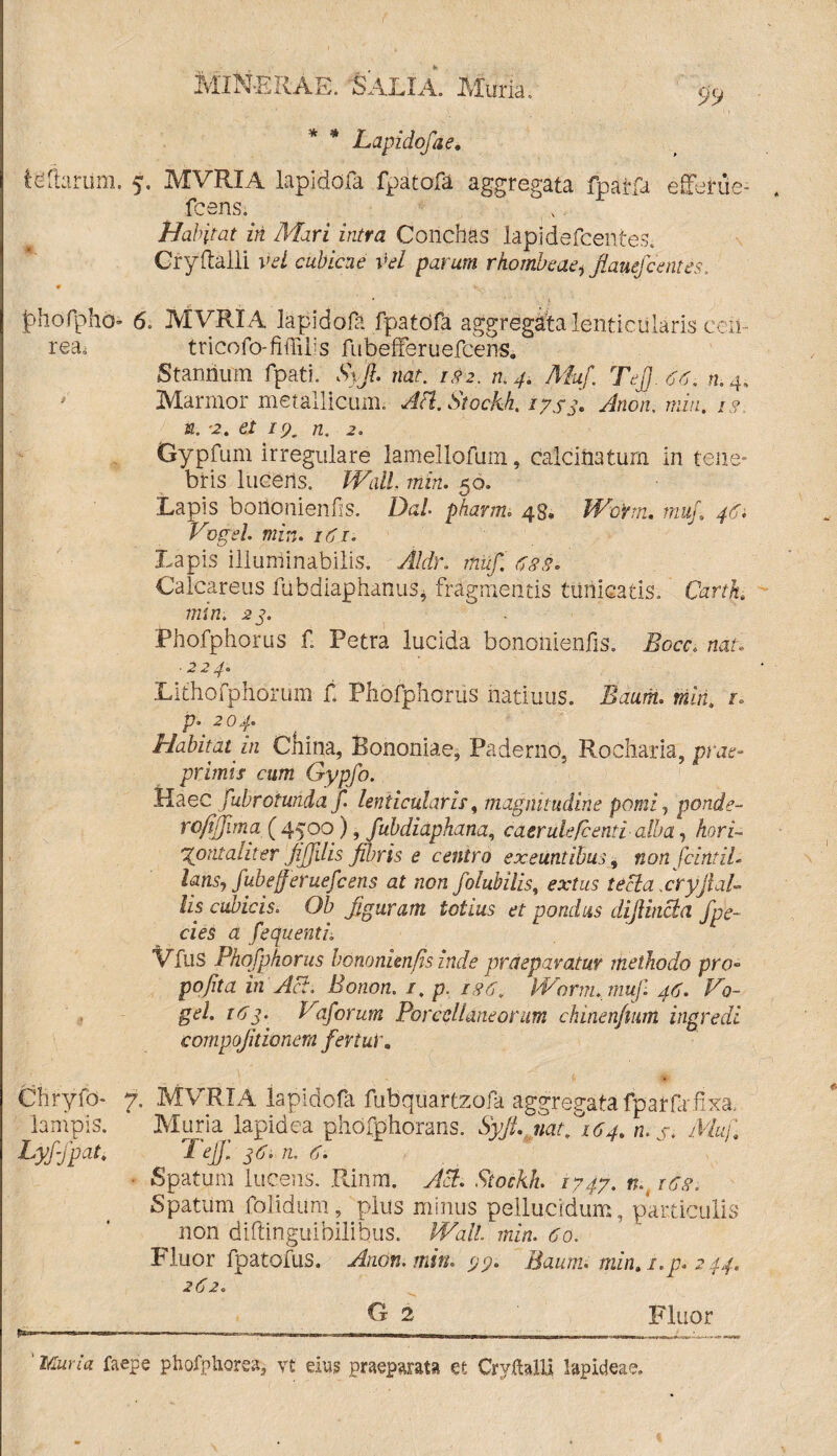 99 * * Lapido/a e, tdftarum. 5. MVRIA lapidofa fpatofa aggregata fpaffa effertie^ fcens. Habitat in Mari intra Conchas lapidefcentes. Cryftalli vel cubicae bel parum rkombeae, flauefcentes. * jahofpho- 6. MVRIA, lapidofa fpatdfa aggregata lenticularis ceii- rea. tricofo-fiffilis fubefferuefcens. Stannum fpati. S>Jl. nat. 162. n.4. Muf Tejf.66. /2.4, Marmor metallicum. Afl.Stockh. 17s3« Anon. mia. is v. ■2. et /p. n. 2. Gypfum irregulare lamellofum, calcinaturn in tene¬ bris lucens. Wall. min. 50. Lapis boilonienfis. Dal pharm. 48* Wcrm, muf. 46, Vogel. min. /Ar. Lapis illuminabilis. Akb\ muf. 688. Calcareus flibdiaphanul* fragmentis tunicatis. Carth min; Phofphorus f. Petra lucida bonoiiienfis. ifocc, nat. ■ 224* Lithofphorum f. Phofphorus hatiuus. Baum. min, r. p. .2 04* Habitat in China, Bononiae, Paderno, Rocharia, prae- primis cum Gypfo. Haec fubrotunda f. lenticularis, magnitudine pomi, ponde- rofijima ( 4700) ■ fubdiaphana, caerulefcenti alba, Aorf- Xontaliter Jiffilis fibris e centro exeuntibus , nonfcintih lansy fubejf erue fcens at non folubilis, tecla xryjlaU lis cubicis. Ob figuram totius et pondus diJUncla f pe¬ des a fequenti. Vfus Phofphorus bononienfis inde praeparatur methodo pro- pojita in Aci. Bonon. /. p. 186, Worm.mujl 46. Vo¬ gel. 163. Vaforum Porcdlaneorum chinenfium ingredi compoji'donem fertur. < i. Chryfo- 7. MVRIA lapidofa fubquartzofa aggregata fparfa'fixa. lampis. Muria lapidea phofphorans. SyfL jiat, 164. n. s. Muf Lyfjpat. rl ejf. 36. n. m ■ Spatum lucens. Rinm. Ae?. .Slorft/z. /747. r^. Spatum folidum, pius minus pellucidum, particulis non diftinguibilibus. Wall. min. 60. Fluor fpatofus. Anon. min. 77* Baum* mimi.p. 244. 262c G 2 Fluor ' Mwrz* Lene phofptiorea, vt eius praeparata et Cry&alli lapideae.