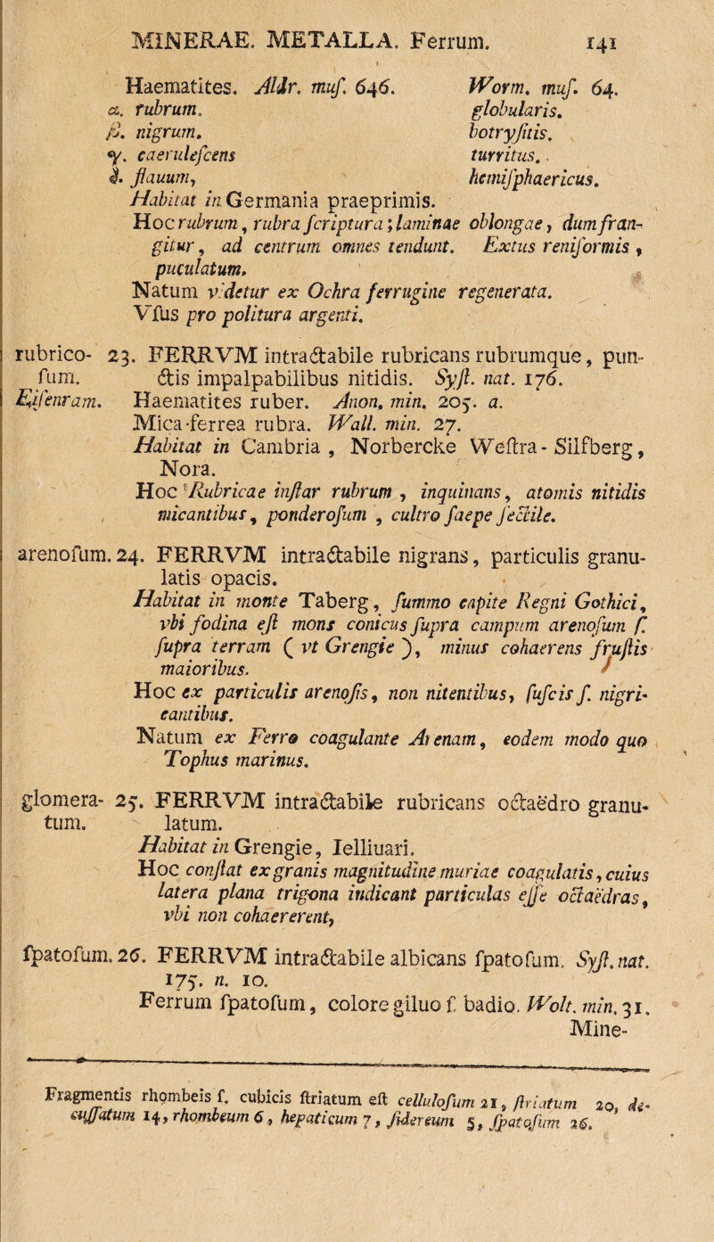 X41 Haematites, Aldr. muf 646. a, rubrum. Worm. muf. 64, globularis, botryjitis. turritus.. hemifphaericus. P. nigrum. caerulefcens l JJauuniy Habitat in. G ermania praeprimis. Hoc rubrum, rubra fcriptura; laminae oblongae, dum fran¬ gitur , ad centrum omnes tendunt. Extus reniformis , puculatum. 4, Natum videtur ex Ochra ferrugine regenerata. Vfus pro politura argenti. rubrico- 23. FERRVM intradabile rubricans rubrumque, pun- ^ fum. dis impalpabilibus nitidis. Syjl. nat. 176. Fffenram. Haematites ruber, Anon, min. 205. a. Mica-ferrea rubra. Wall, min. 27. Habitat in Cambria , Norbercke Weftra- Silfberg, Nora. Hoc 'Rubricae inftar rubrum , inquinans, atomis nitidis micantibus, ponderofum , cultro faepe feci ile. arenofum.24. FERRVM intradabile nigrans, particulis granu- latis opacis. Habitat in monte Taberg, fummo capite Regni Gothici, vbi fodina ejl mons conicus fupra campum arenofum f. fupra terram ( vt Grengie ), minus cohaerens f rufis maioribus. / Hoc tf-r particulis arenqfs, non nitentibus, fufcis f. nigri- cantibus. Natum Ferro coagulante Arenam, eodem modo quo Tophus marinus. glomera- 25’. FERRVM intradabile rubricans odaedro granu* tum. latum. Habitat in Grengie, lelliuari. Hoc conflat ex granis magnitudine muriae coagulatis, cuius latera plana trigona indicant particulas ejfe ociaedras, vbi non cohaererent, fpatofum. 2$. FERRVM intradabile albicans fpatofum, Syjl.nat. 175. n. 10. Ferrum fpatofum, colore giluo f badio. Wolt. min, 31. Mine- Fragmentis rhombeis f. cubicis ftriatum eft cellulofum 21, /hiatum 20, ii sujjatum 14, rhombeum hepaticum 7, JUeuuni 5, fpatofum U.