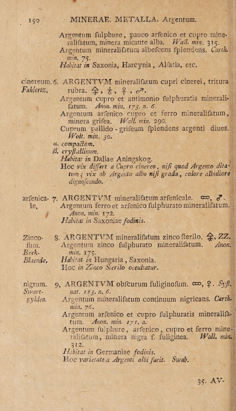 \ cinereum. Fahlertz. arfenica- le. Zin co¬ lum. Beek- Blaen.de. nigrum. Swart- gylden. Argentum fulphure, pauco arfenico et cupro mine¬ ralifatum, minera micante alba. Wall min. 315. Argentum mineralifatum albefcens fplendens. Cartlu min. 75. Habitat in Saxonia, Harcynia , AVatia, etc. 6. ARGENTVM mineralifatum cupri cinerei, tritura rubra. ^ , i , f , <f*. Argentum cupro et antimonio fulphuratis minerali¬ fatum. Anon. min. 177. n. 6. Argentum arfenico cupro et ferro mineralifatum, minera grifea. Wall. min. 290. Cuprum pallido - grifeum fplendens argenti diues. PVok. min. 70. ci. compactum. A cryjlallinutn. Habitat in Daliae Aningskog. Hoc vix differt a Cupro cinereo, niji quod Argento dita + lum: vix ab Argento albo niji gradu, colore albuliore dignofcendo. 7. ARGENTVM mineralifatum arfenicale. 0=0, . Argentum ferro et arfenico fulphurato mineralifatum. Anon, min: 172. Habitat in Saxoniae fodinis. i ' • ' 'C' • V ' *  v . g . -g.'i '■ '• v f g 8. ARGENTVM mineralifatum zinco fterilo. ZZ. Argentum zinco fulphurato mineralifatum. Anon. min. 175. Habitat in Hungaria , Saxonia. Hoc in Zinco Sterilo occultatur. 9. ARGENTVM obfcurum fuliginofum. 0=0, ?. Syjl. nat. 183. n. 6. Argentum mineralifatum continuum nigricans. C&rth min. 76. Argentum arfenico et cupro fulphuratis mineralifa¬ tum. Anon. min. tyj. a. Argentum fulphure, arfenico, cupro et ferro mine¬ ralifatum, minera nigra f. fuliginea. Wall min. 312. Habitat in Germaniae fodinis. Hoc varietaten Argenti albi facit. Swab. 35. AV-