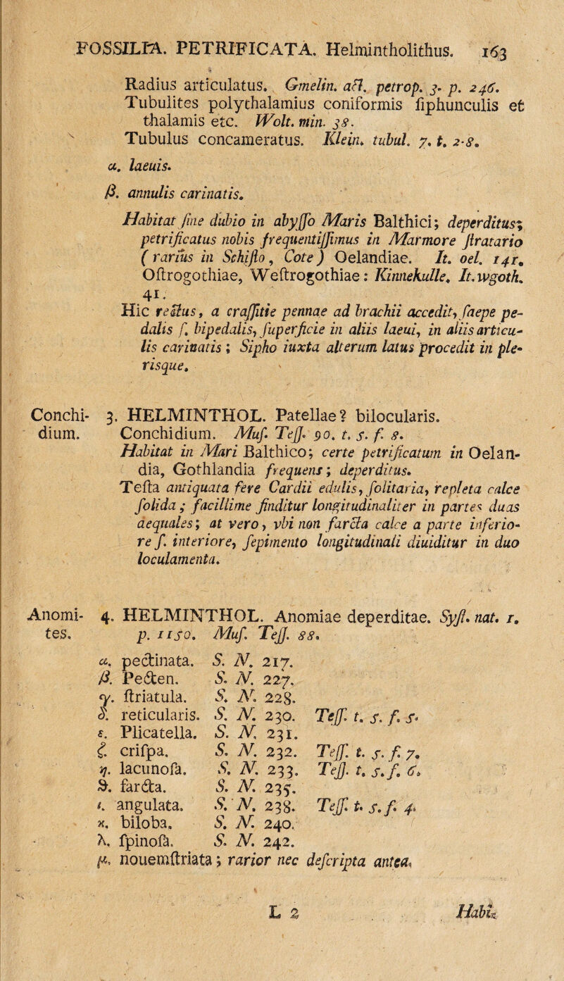 Radius articulatus. Gmelin. afl. petrop. 3. p. 246. Tubulites polythalamius coniformis fiphunculis et thalamis etc. JVolt. min. 38. Tubulus concameratus. Klein, tubul. 7. t, -?•<?. a. laeuis. 0. annulis carinatis. Habitat fine dubio in abyfo Maris Balthici; deperditus% petrijicatus nobis frequenti]fimus in Marmore Jlratario (rarius in Schfjlo, Cote) Gelandiae. It. oel. 141. Oltrogochiae, Weftrogothiae: Kinnekulle, It.wgoth. 41- Hic reSlus, a craffitie pennae ad brachii accedit-, Caepe pe¬ dalis f, bipedalis, Jup erficie in aliis laeui, in aliis articu¬ lis carinatis ; Sipho iuxta alterum latus 'procedit in ple• risque. Conchi- 3. HELMINTHOL. Patellae? bilocularis, dium. Conchidium, Muf. TeJJ. 90. t. s• f 8. Habitat in Mari Balthico; certe petrijicatum in Oelan- dia, Gothlandia frequens; deperditus. Telia antiquata fere Car dii edulis, f'olit ar ia, repleta calce folida ; facillime finditur longitudinaliter in partes duas aequales; at vero, vbi non farci a calce a parte inferio¬ re f. interiore, fepimento longitudinali diuiditur in duo loculamenta♦ p • - • / Anomi- 4. HELMINTHOL. Anomiae deperditae. Syjl. nat, r. tes. p. /i-j-o. A/u/. pectinata. S. N\ 217. A. Peden. 5*. Ad 227. <y. llriatula. 5*. Ad 22g. o. reticularis. S. N. 230. f. Plicatella. S. Ad 231. £ crifpa. S. N. 232. 4. lacu nola. S. Ad 233. far da. S. Ad 235. t angulata, S.' Ad 238. h. biloba, & Ad 240. A. fpinofa, & Ad 242. p, nouemflriata ? rarior nec deferipta antea, Teff t. /, Teff. L s• / 7. Tef). t. j-./. cT» Teff. t. j\/. 4,