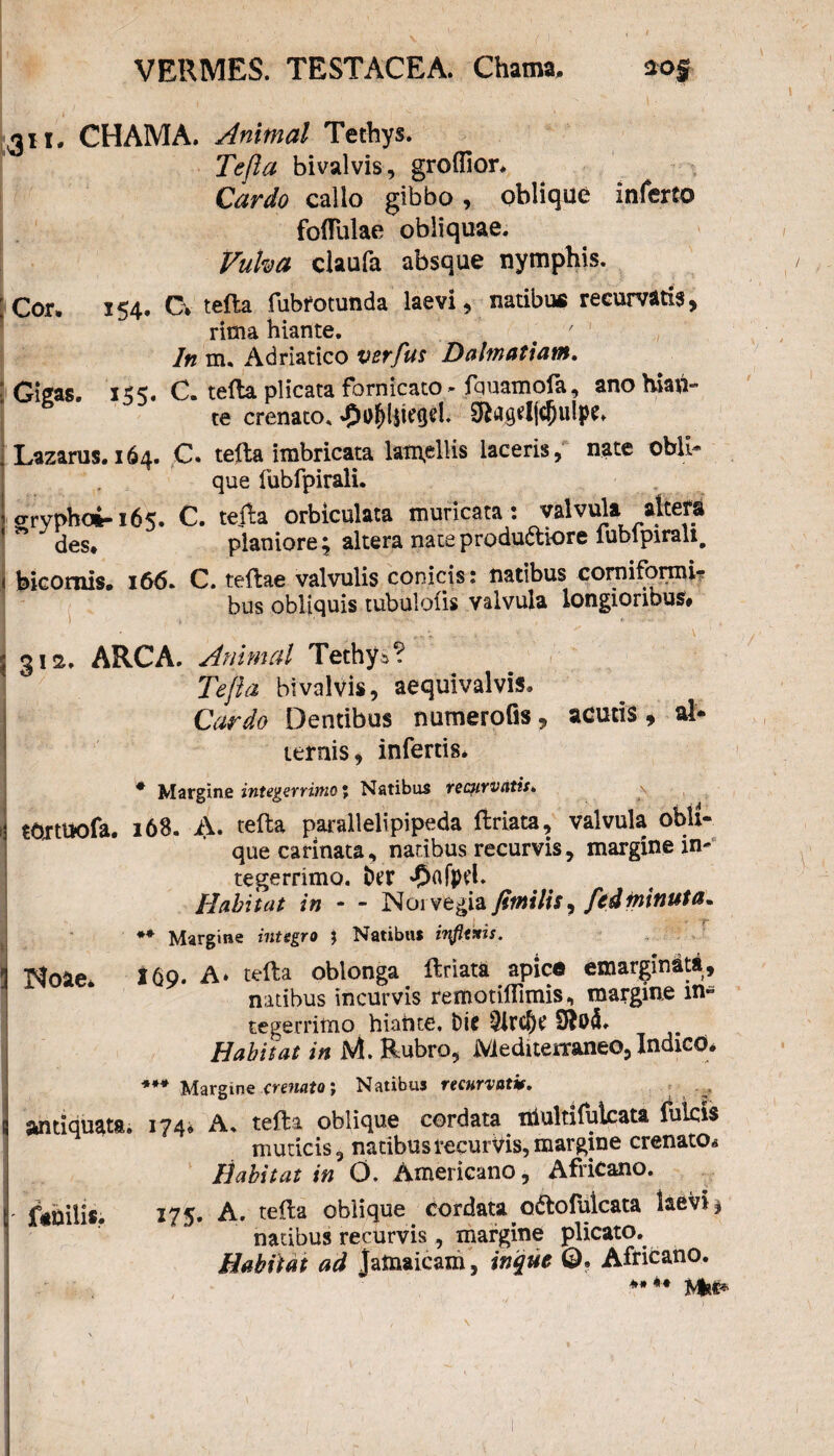 U11. CHAMA. Animal Tetbys. Tejla bivalvis, groffior. Cardo callo gibbo, oblique inferto fofliilae obliquae. Vulva claufa absque nymphis. ICor. 154. Cv tefta fubrotunda laevi, natibus recurvatis, rima hiante. _ ' In m. Adriatico verfus Dalmatiam. ; Gigas. 155. C. tefta plicata fornicato-fquamofa, ano hian¬ te crenato. J5o()l$iegd. 5iagd|dju!pe. . Lazarus.164. C. tefta imbricata lam,ellis laceris, nate obli¬ que fubfpirali. 1 aryphoi-165. C. tefta orbiculata muricata: valvula altera ' des. planiore; altera nate produdiore fubfpirali. j bicomis. 166. C. teftae valvulis conicis: natibus comiformi- bus obliquis tubulofis valvula longioribus# 1312, ARCA. Animal Tethy*? Tefta bivalvis, aequivalvis. Cardo Dentibus numerofis, acutis» al¬ ternis, infertis. * Margine integerrimo; Natibus rec?irvatis>, a , , tortuofa. 168. A. tefta parallelipipeda ftriata, valvula obli¬ que carinata, naribus recurvis, marginem* tegerrimo. i)er 'Oftfpd. Habitat in - - Norvegia fimilis, ftdminuta* *+ Margine integro j Natibus infimis. Noae* 169. A* tefta oblonga ftriata apice emarginat*, natibus incurvis remotiflimis, margine in¬ tegerrimo hiati te. i)i£ 91tcf)r Habitat in M. Rubro, Mediterraneo, Indico# *** Margine crenato; Natibus recurvatit. I antiquata. 174* A. tefta oblique cordata itiultifukata fulcis muticis, natibus recurvis, margine crenato* Habitat in O. Americano, Africano. i' fenilis. 175. A. tefta oblique cordata Q&ofuicata laevi^ natibus recurvis, margine plicato. Habitat ad Jatnaicam , ittque Q. Africano. 4h» 4» MM*