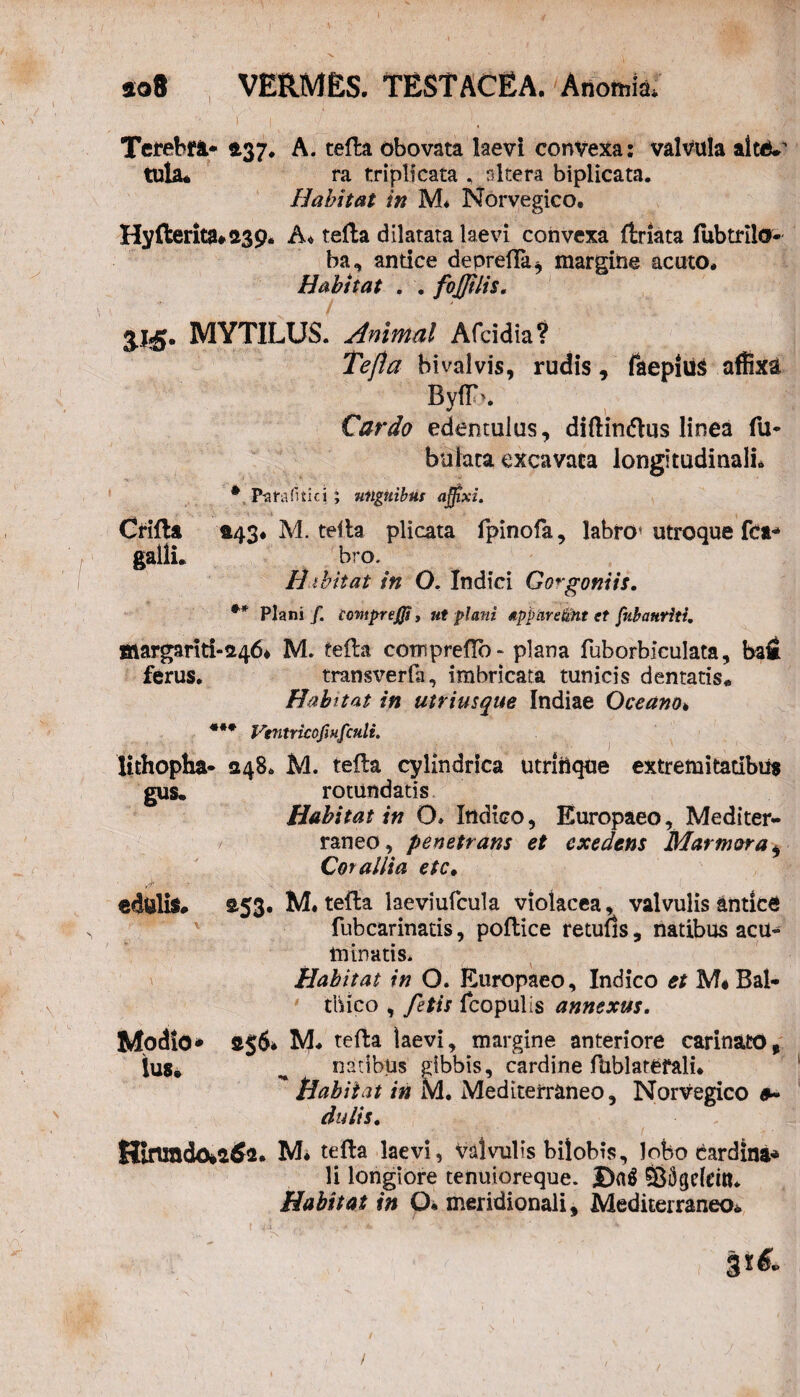 Terebra* 137. A. tefla obovata laevi convexa: valvula alcd^ tula* ra triplicata , altera biplicata. Habitat in M* Norvegico. Hyfterita»tt39* A* tefla dilatata laevi convexa flriata fubtrilo- ba, antice depretia* margine acuto. Habitat . . fojjilis. ■? i * MYTILUS. Animal Afcidia? Tefla bivalvis, rudis, faepiUS affixu By(T>. Cardo edentulus, diftinftus linea fu* bulaca excavata longitudinali. *, Patafitici; miguibus affixi. Crifla 443. M. tefla plicata fpinola, labro* utroque fca* galli. bro. H ibit at in O. Indici Gorgoniis. * Plani /. ccmprejji, ut plani appare&it et fnb attriti. atargariti-246* M. refla compreflb- plana fuborbiculata, bali ferus. transverfa, imbricata tunicis dentatis. Habitat in utriusque Indiae Oceano* *** Ventricofiufculi. lithopha* 048. M. tefla cylindrica utrittque extremitatibus gus. rotundatis Habitat in O. Indico, Europaeo, Mediter¬ raneo, penetrans et exedens Marmora* Corallia esc. } - . ... edfilis. £53. M. tefla laeviufcula violacea, valvulis antice fubcarinatis, poflice retufis, natibus acu¬ minatis. Habitat in O. Europaeo, Indico et M* Bal- thico , fetis fcopulis annexus. Modio* 556* M. tefla laevi, margine anteriore carinato, Ius* ^ natibus gibbis, cardine fublaterali. Habitat in M. Mediterraneo, Norvegico 9~ dulis. ffirundo*£$2. M* tefla laevi, valvulis bilobis, lobo cardina* li longiore tenuioreque. jDn$ SBiJcjdcm. Habitat in O. meridionali. Mediterraneo* t i i ' ... s * Al ''H' - 4 t ’ : .; ' t/. y ’ t 3*6» /