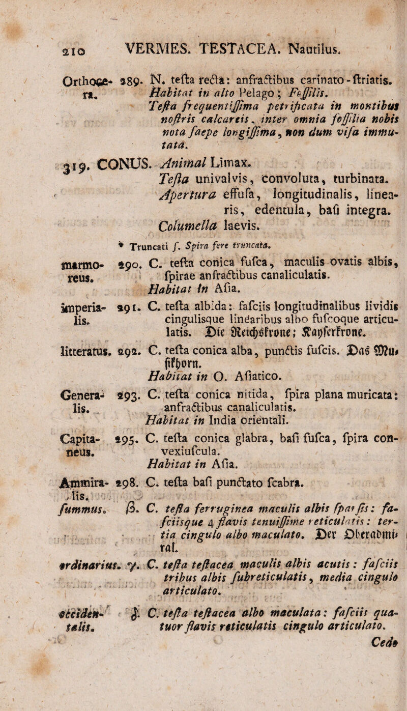Orthoce* 289- N. tefta refia; anfractibus carinato-ftriatis. ra„ Habitat in alto Pelago; Ftftilis. Tefta frequentiflima petrificata in montibus noftris calcar eis, inter omnia foffilia nobis nota faepe longijffima, non dum vi/a tmmu~ tata. 319. CONUS. Animal Limax. Tefta univaivis, convoluta, turbinata. Apertura effufa, longitudinalis, linea¬ ris, edentula, bafi integra. Columella laevis. * Truncati f. Spira fere truncata. marmo- 290. C. tefta conica fufca, maculis ovatis albis, reus- fpirae anfractibus canaliculatis. Habitat in Afia. imperia- api. C. tefta albida: fafciis longitudinalibus lividis lis. cingulisque linearibus albo fufcoque articu¬ latis. t>U 9Ieicljsfn>ne; J^apfcrfrone. litteratus. 292. C. tefta conica alba, punCtis fufcis. SRu# ftF£orn. Habitat in O. Afiatico. Genera^ 293. C. tefta conica nitida, fpira plana muricatat lis. anfractibus canaliculatis. Habitat in India orientali. Capita- 195. C. tefta conica glabra, bafi fufca, fpira con- neus. vexiufcula. Habitat in Afia. Ammira- 198. C. tefta bafi punCtato fcabra. , lis. fummuSo /3. C. tefta ferruginea maculis albis fpaf Jis: fa- fciisque 4 flavis tenuiftime reticulatis: ter- tia cingulo albo maculato. jDev DlWrtDWP raL ordinarius, y. C. tefta teftacea maculis albis acutis: fafciis tribus albis fubreticulatis, media cingulo articulato. acciden- C. tefta teftacea albo maculata: fafciis qua- < talis. tuor flavis reticulatis cingulo articulato. Cedo