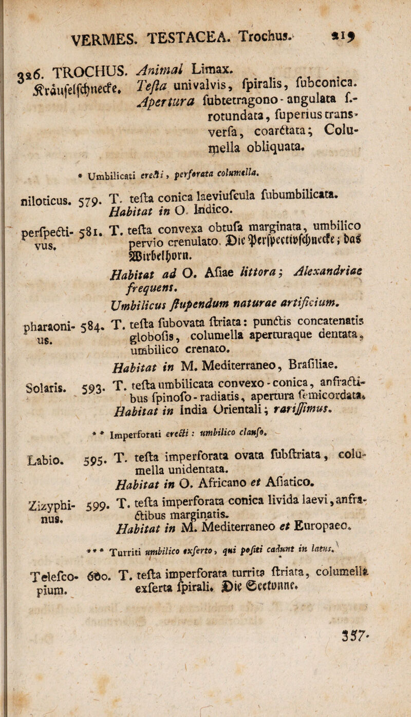 026. TROCHUS. Animal Limax. tfraufelfcfenecfe. Tefta uni valvis, fpirahs, fubcomca. Apertura fubtetragono- angulata 1.- rotundata, fupenus trans- verfa, coardata; Colu- tpella obliquata. * Umbilicati er e fi i, perforata columella. niloticus. 579. T. tefta conica laeviufcula fubumbilicata. Habitat in O. Indico. nerfoedi- <Bi. T. tefta convexa obtufa marginata, umbilico P vus 5 pervio crenulato, Bic ; b«S SBirbd&orn. Habitat ad O. Afiae littora; Alexandriae frequens. Umbilicus ftupendum naturae artificium. oharaoni- ^84- T. tefta fubovata ftriata: pundis concatenatis us> globofis, columella aperturaque dentata, umbilico crenato. Habitat in M. Mediterraneo, Brafiliae. Solaris T. tefta umbilicata convexo - conica, anfradi- bus fpinofo- radiatis , apertura femicordata* Habitat in India Orientali; rari fimus. * * Imperforati eretii: umbilico clanfo. Labio. 595. T. tefta imperforata ovata fiibftriata, colu- mella unidentata. Habitat in O. Africano et Afiatico. Zizyphi- 599. T. tefta imperforata conica livida laevi,anfra- ‘nus. ftibus marginatis. Habitat in M. Mediterraneo et Europaeo. * * * Turriti umbilico experto» qui pojiti cadunt in latus. k '\ * / ■ r Telefco- 6«o. T. tefta imperforata turrita ftriata, columella pium. «ferta fpirali. Bie 6(CtPnnr. 357-