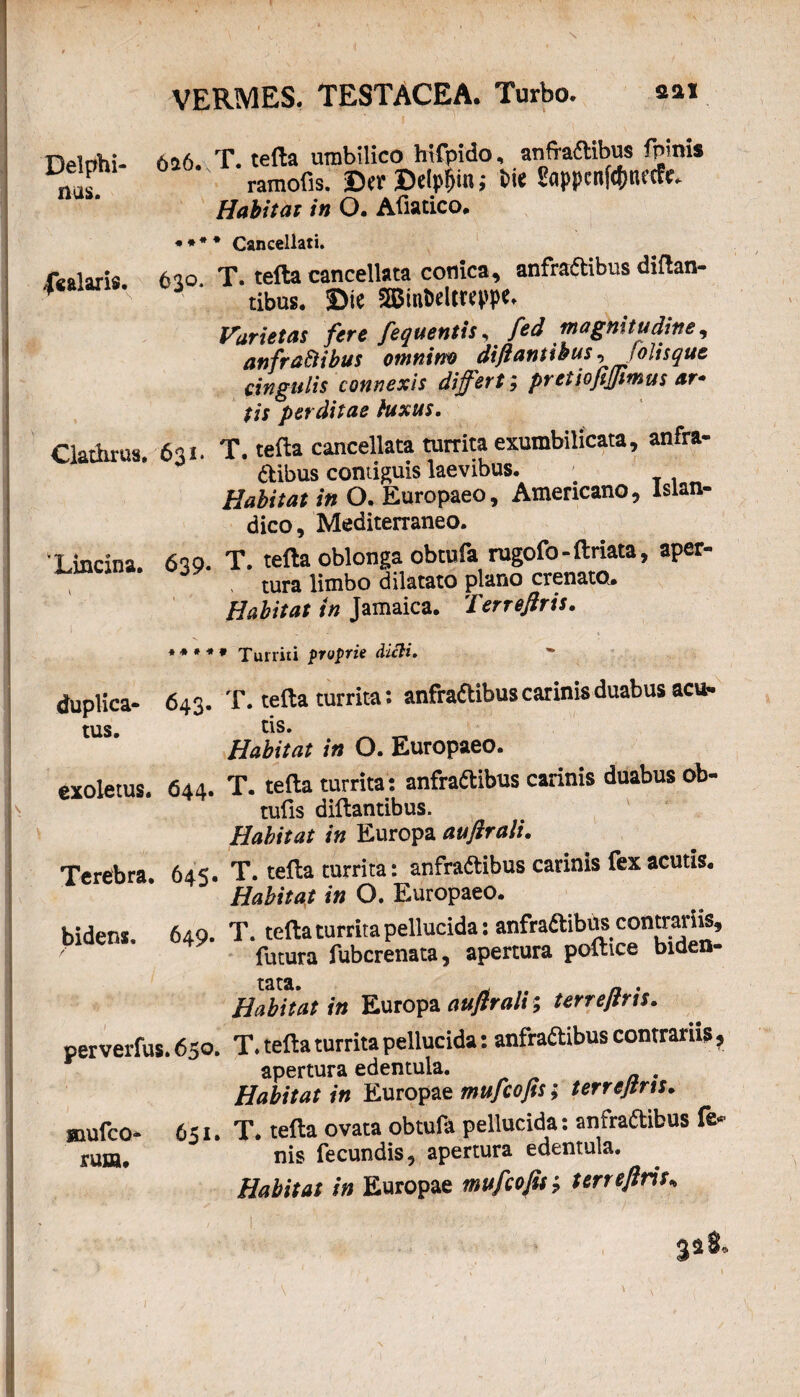 Deltthi- 6s6. T. tefta umbilico hifpido, anfradibus ipinis nas. ramofis. ©tr ©elpfmt; li* ?appcnf<t>nc(fc. Habitat in O. Afiatico. * * # * Cancellati. ic&laris 630 T. tefta cancellata conica, anfradtibus diftan- 4 . i tibus# m mnMww* Varietas fere fequentis , fed magnitudine, anfraftibus omnim diftantibus, Jolisque cingulis connexis di fert; pretio fi fimus ar¬ tis perditae luxus. Clathrus, 631. T. tefta cancellata turrita exumbilicata, anfra- ftibus contiguis laevibus. - Habitat in O. Europaeo, Americano, lslan- dico. Mediterraneo. Lincina. 639. T. tefta oblonga obcufa rugofo-ftriata, aper» tura limbo dilatato plano crenato. Habitat in Jamaica. Terreftris. * * * * * Turriti proprie dicli. duplica- 643. T. tefta turrita; anfraftibus carinis duabus acu. tus. tis. Habitat in O. Europaeo. exoletus. 644. T. tefta turrita: anfraftibus carinis duabus ob- tufis diftantibus. Habitat in Europa auftrali. Terebra 6*^. T. tefla turrita: anfradtibus carinis fex acutis. Habitat in O. Europaeo. bidens. 649. T. tefta turrita pellucida: anfraftibus contrariis, / futura fubcrenata, apertura poftice bide Habitat in Europa auflralt; terrejtrts. per verfus. 650. T. tefta turrita pellucida: anfrattibus contrariis ? apertura edentula. Habitat in Europae mufcofis; terrejtrts. snufco* 651. T. tefta ovata obtula pellucida: anfra&ibus fe* nis fecundis, apertura edentula. Habitat in Europae mufcofis; terreftris\