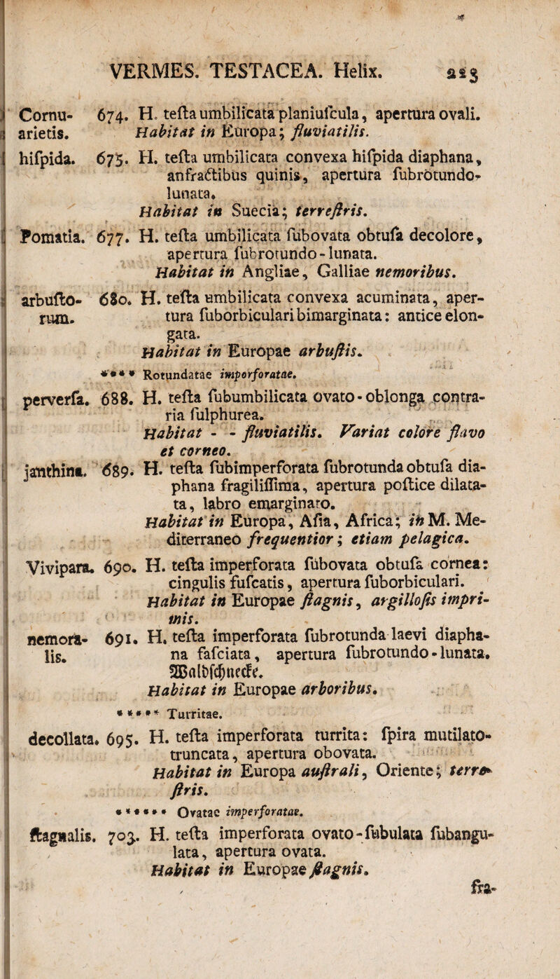 ! i n Cornu- 674. H, tefta umbilicata planiufcula, apertura ovali. arietis. * Habitat in Europa; fluviatilis. hifpida. 675. H. tefta umbilicata convexa hifpida diaphana, anfractibus quinis, apertura fubrotundo* lunata. Habitat in Suecia; terreflris. i . . .. . , .... ... Pomatia. 677. H. tefta umbilicata fuhovata obtufa decolore, apertura fubrotundo - lunata. Habitat in Angliae, Galliae nemoribus. arbufto- 680. H. tefta umbilicata convexa acuminata, aper- rum. tura fuborbicularibimarginata: antice elon- gata. Habitat in Europae arbuftis. *'•* * Rotundatae imperforatae. perverfa. 688. H. tefta fubumbilicata ovato - oblonga contra¬ ria fulphurea. Habitat - - fluviatilis. Variat colore flavo et corneo. ianthina. 689. H. tefta fubimperforata fubrotunda obtufa dia- phana fragiliflima, apertura pcftice dilata¬ ta, labro emarginato. Habitat tn Europa, Afia, Africa; ihM. Me¬ diterraneo frequentior; etiam pelagica. Vivipara. 690. H. tefta imperforata fubovata obtufa cornea: cingulis fufcatis, apertura fuborbiculari. Habitat in Europae fi agnis, argillofis impri¬ mis. nemora- 691. H. tefta imperforata fubrotunda laevi diapha- lis. na fafciata, apertura fubrotundo - lunata. 2Balt)fcf)necfe. Habitat in Europae arboribus. * *• ** Turritae. decollata. 695. H. tefta imperforata turrita: fpira mutilato- truncata, apertura obovata. Habitat in Europa auftrali, Oriente; terre* ftris. • *«•»# Ovatae imperforatae. ftagaalis. 703.. H. tefta imperforata ovato - fabulata fubangu- lata, apertura ovata. Habitas in Europae flagnis. , fra-