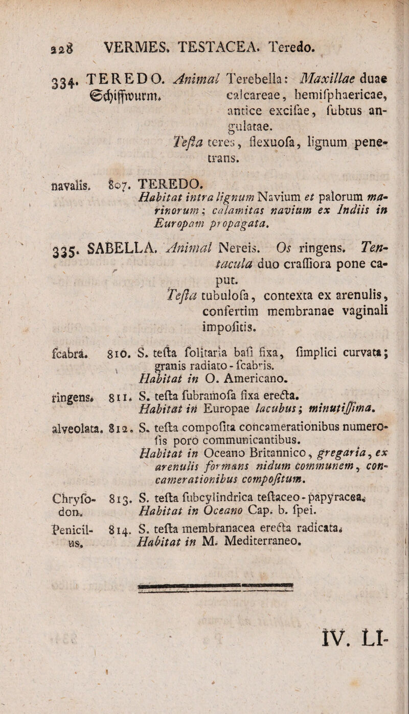 * '• ' 1 334. TEREDO. Animal Terebella: Maxillae duae @d}ijfu>urm* ealcareae, hemifphaericae, antice excifae, fubcus an¬ gulatae. Tefta teres, flexuofa, lignum pene- trans. / ’ f ; . - . navalis. 807. TEREDO. Habitat intra lignum Navium et palorum ma* r in orum; calamitas navium ex Jndiis in Europam propagata. 335. SABELLA. Animal Nereis. Os ringens, Ten- t acula duo crafliora pone ca¬ put. Tefta tubulofa, contexta ex arenulis, confertim membranae vaginali impolitis. fcabra* 810. S. tefta folitaria bafi fixa, fimplici curvata; granis radiato - fcabns. Habitat in O. Americano. tingens# gii* S. tefta fubramofa fixa eredla. Habitat iti Europae lacubus; minutiffima. alveolata, 812, S. tefta compofita concamerationibus numero- fis porO communicantibus. Habitat in Oceano Britannico, gregaria, ex arenulis formans nidum communem, con~ camerationibus cotnpofitum, Chryfo- 813. S. tefta fubcylindrica teftaceo - papyracea, don. Habitat in Oceano Cap. b. fpei. fenicil- 814. S. tefta membranacea erefta radicata# us, Habitat in M. Mediterraneo. IV. LI