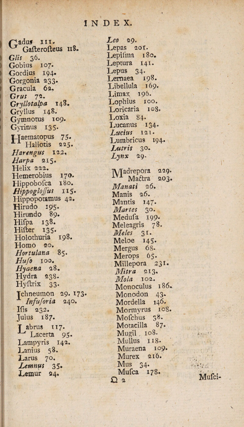 I r* aduf in» ^ Gafterofteus 118. ) Glis 36. ) Gobius 107. ) Gordius 194. ) Gorgonia 233. ? Gracula 6 a* Grus 7ft. Gryllotalpa 1 Gryllus 148. Gytnnotus 109. Gyrinus 135. ILIaematopus 75. AA Haliotis 225. Hartngus 122« Harpa 215« Helix 222. Hemerobius 170. Hippobofca 180. Hippoglojfus HS* Hippopommus 42. Hirudo 195. Hirundo 89. Hifpa 13S* Hifter 135. Holothuria 198. Homo 20. Hortulana 85. Hufo 100. Hyaena 28. Hydra 238. Hyftrix 33. Tchneumon 29. 173. Infuforia 240. Ifis 232. Julus 187. T ab rus 117. ^ Lacerta 95. Lampyris 142. Lanius 58. Larus 70, Lemnus 35. Lemur 24» X^0 29. Lepas 2ot. Lepifma 180. Leptura 141. Lepus 34. Lernaea 198. Libellula 169. Limax 196. Lophius 100. Loricaria ie>8. Loxia 84- Lucanus 134* Lucius 121. Lumbricus 194. J./Utris 30. Lynx 29. TVTadrepora 229. iV1 Mattra 203. Manati 26. Manis 26. Mantis 147* Martes 30. Medufa 199. Meleagris 78. Meles 31. Meloe 145« Mergus 68- Merops 65. Millepora 231. Mitra 213, Mola 102. Monoculus 186« Monodon 43. Mordella 146. Mormyrus iog. Mofchus 38. Motacilla 87. Mugil 108. Mullus 118* Muraena 109. Murex 216. Mus 34. Mufca 178. O a ' •u ■* ■ t *'■s. Mufci-