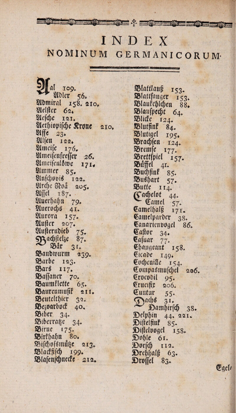 NOMINUM GERMANICORUM' iWal 109, Ulblcr 56* Slbmtrol 158. aio* Sldjfer 6a* Slcfcfre tai* Slet&iopifcjje Sronc aio, ^lffe 23* Silfen is2» Simdfe 176, Simdfenfrejjei* 26* Slmeifenlbme 171, Slmnter 85. 9lnfc&0»il 122+ Slrejje d}oa ^05. Slffd 187. SiimDajw 79* 9luero$* 41* Slurora 157* Slufiet 207, * Sluftentbieb 75. g\ad)|!el^ 87* ^ flMr 31* ©antmumtt $39* ©arbe 1Q.3* ©ar$ 117* ©rtffanet* 70* SBaumFIefte 65. SBauremmiJtf ®m SeuteK&ier 35. ©ejoarbijcf 40, SBiber 34* ffiiberrafcc 34* SBirne 175* ©IrHjabtt % 8o* ©ifc&ofgnulge <113, ©lacFpfcb 199* ©(afenfc&ttecFe 21 a. SMaftoj? 153. ©fafffanger 'ica* ©lauFebicDen 88, ©lanfpecjjf 64, ©lide 124. SBIuffiinF 84. ©lutigcl 195, ©racfjfeu 124* ©remfe 177* ©refffpiel 157. SMffel 41. ©ucpjuif 85* ©uSfjart 57. u 44* ^ f 57* 171. CEamelparbcr 38* €awmem>0gd 8<5* Satior 34* §afuar 77* €bangeant 158. €icaDr 149* €od)ctuSe 154» SompaSmufcjjel ao6. (ErocoDil 95. fcrucifij: ao6* €un(ur 55. <$Vd)$ 31* Bambii# 38. Ddpbttt 44, aau Stjidfttif 85* JDi|feI»ogel 158* UDo^fe 61* Dorfcf) 11 a* ■Drdjfwlf? 63. Sroffd 83* 1 . Souffc II (Taedet ^ Saniei f Egeb