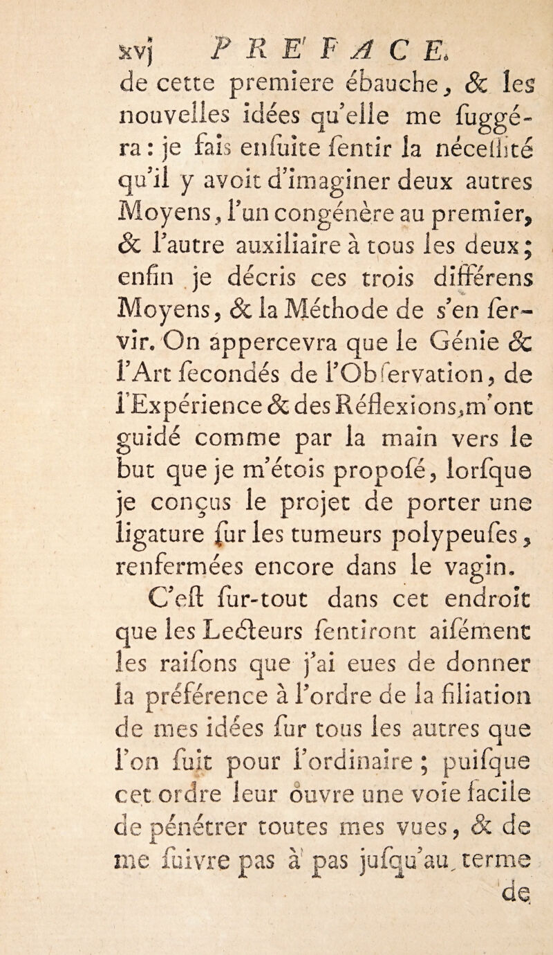 de cette première ébauche, 8z îes nouvelles idées qu'elle me Suggé¬ ra : je fais enfiiice fèntir la néceilité qu'il y avoir d’imaginer deux autres Moyens, l’un congénère au premier, Sc l'autre auxiliaire à tous les deux; enfin je décris ces trois différens * % Moyens, Sc la Méthode de s’en fer~ vir. On appercevra que le Génie oc l’Art fécondés de l’Obfervation, de i Expérience 8c des Réfîexions^m'ont guidé comme par la main vers le but que je m’étois propofé, lorfque je conçus le projet de porter une ligature fur les tumeurs poiypeufes, renfermées encore dans le vagin. C’eft fur-tout dans cet endroit que les Leéleurs fentiront aifément les raifons que j'ai eues de donner la préférence à Tordre de la filiation de mes idées fur tous les autres que Ton fuit pour l’ordinaire ; puifque cet ordre leur ouvre une voie facile de pénétrer toutes mes vues, Sc de me fuivre pas à'pas jufqu’au, terme de.