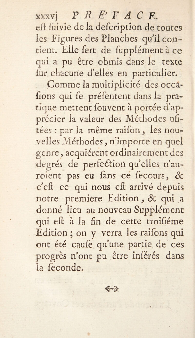 eft luivie de la defcription de toutes les Figures des Planches qu’il con¬ tient. Elle fert de fupplément à ce qui a pu être obmis dans le texte fur chacune d'elles en particulier. Comme la multiplicité des occâ- lions qui fe préfentent dans la pra¬ tique mettent fouvent à portée d’ap¬ précier la valeur des Méthodes ufi¬ lées : par la même raifion , les nou¬ velles Méthodes, n’importe en quel genre, acquiérent ordinairement des degrés de perfection qu’elles n’au- roient pas eu fans ce fecours, Sc c’eft ce qui nous eft arrivé depuis notre première Edition ^ & qui a donné lieu au nouveau Supplément qui eft à la fin de cette troifiéme Edition ; on y verra les raifons qui ont été caufe qu’une partie de ces progrès n’ont pu être inférés dans la féconde. *