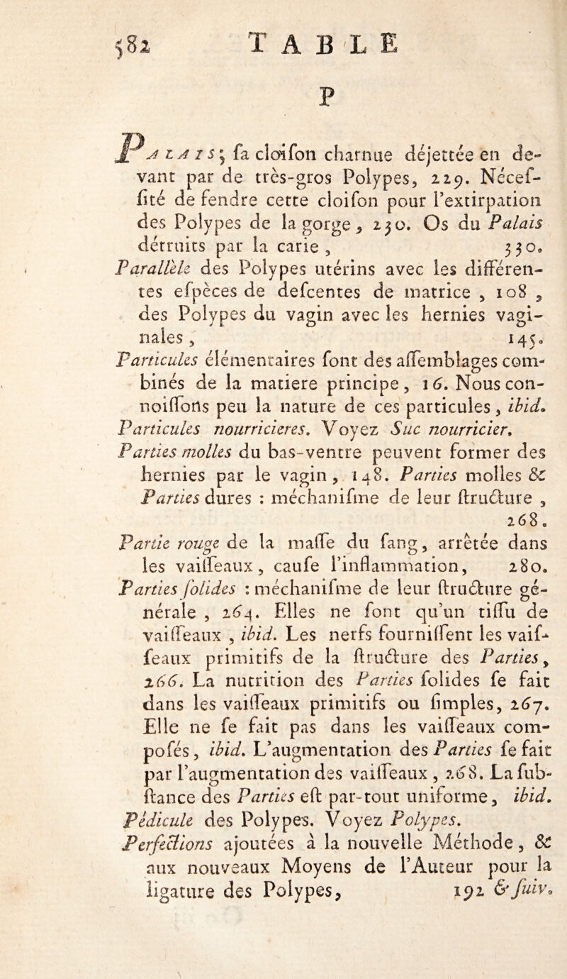 $82 T A B 'L E P P a la i s j la cîoifon charnue déjettée en de¬ vant par de très-gros Polypes, 229. Nccef- 1îté de fendre cette cioifon pour l’extirpation des Polypes de la gorge, 250. Os du Palais détruits par la carie, 330, Parallèle des Polypes utérins avec les différen¬ tes efpèces de defcentes de matrice , 108 , des Polypes du vagin avec les hernies vagi¬ nales , 1450 Particules élémentaires font des affemblages com¬ binés de la matière principe, 16. Nous con- noiflotls peu la nature de ces particules, ibid. Particules nourricières. Voyez Suc nourricier, Parties molles du bas-ventre peuvent former des hernies par le vagin, 148. Parties molles &C Parties dures : méçhanifme de leur flrudture , 2680 Partie rouge de la malle du fane, arrêtée dans les vailfeaux, caufe l’inflammation, 280, Parties folides : méchaniime de leur ftruébure gé¬ nérale , 164. Elles ne font qu’un tiflu de vailfeaux , ibid. Les nerfs fourniflent les vaiL féaux primitifs de la ftrufture des Parties, %66. La nutrition des Parties folides fe fait dans les vaifleaux primitifs ou Amples, 267. Elle ne fe fait pas dans les vaifleaux com¬ poses , ibid. L’augmentation des Parties fe fait par l’augmentation des vailfeaux , 268. La fab¬ liau ce des Parties eft par-tout uniforme, ibid. Pédicule des Polypes. Voyez Polypes. Perfections ajoutées à la nouvelle Méthode, & aux nouveaux Moyens de l’Auteur pour la ligature des Polypes, 192 &fuiv> \