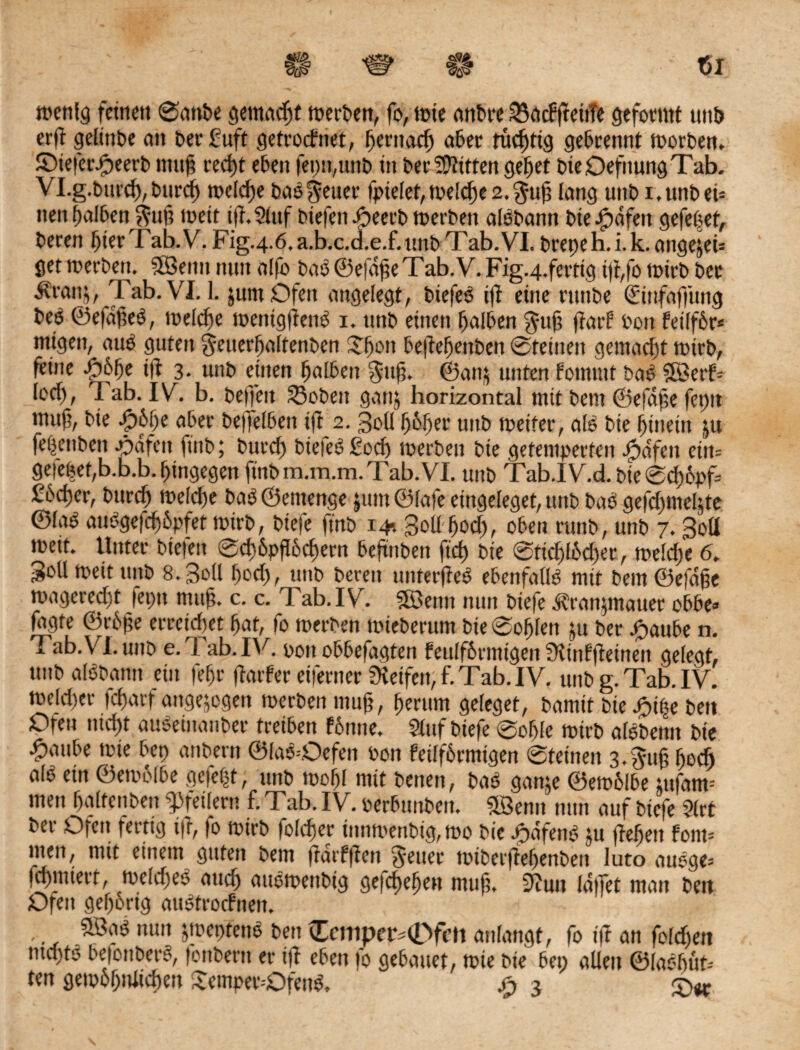 wenig feinen ©attbe gemacht werden, fo, wie anbre 23acffteiiTe geformt unb erfl gelinbe an berguft getrotfnet, fjernad) aber tüchtig getrennt worben, JDieferbpeerb mttj? red)t eben feptpunb in bereiften geljet bie Defnung Tab. VI.g.bttrcf),burcf) welche bab peuer fpielet,welche2.guft lang unbr.unbeü neu palben $uf? weit tfh Stuf biefen bpeerb werben albbann bie Jpafeit gefepet, beren pier Tab. V. Fig.4.6. a.b.c.d.e.f. ttnb Tab.VI. brepeh. i. k. angejeU get werben. SSBentt nun alfb bab ©efd£e Tab. V. Fig.4.fertig tji,fo Wirb bec ■^Viity, Tab. VI. 1. jutnOfett angelegt, biefeb t|l eine ruttbe ©infaffung beb ©efafteb, welche wenigfiettb 1. ttnb einen fjalben $uji jlarf bon feilfbr* ntigen, aub guten ^etterpaltenben £pon be(tel)enben ©teilten gemadjt wirb, feine £)6f)e i|i 3. unb einen palben $tt|ü ©an& unten fotnutt bab SSBerh loci), 1 ab. IV. b. beffett 23obett ganj horizontal mit betn ©efdjje feptt tnuft, bie bp6f)e aber beftelbett ifl 2.3oll pbper unb weiter, alb bie hinein ju fepettbett .pdfeit ftttb; burd) biefeb £od) werben bie getemperten Jpdfett etn= geiefeet,b.b.b. hingegen finbm.tn.m.Tab.VI. uttb Tab.IV.d. bie©cf)6pf= £6d)er, bttrch welche bab ©entenge jtttn ©lafe eingeleget, unb bab gefchnteljte ©lab attbgefcpöpfet wirb, biefe ft'nb 1* Soll pod), oben ntnb, unb 7. Soll weit. Unter biefett @d)6pfl6cpern beftnbett ftch bie ©ticplbcper, wefrpe 6. Joll weit uttb 8.3o(l hoch, unb bereu unterffeb ebenfallb mit beut ©efdfte wageredjt feptt ntup. c. c. Tab. IV. SSBemt nun biefe ^rat^mauer obbe* fagte ©rbfe erreichet hat, fo werben mteberutn bie ©oplen jtt ber #aube n. Tab.VI. uttb e. 1 ab. IV. oott obbefagten feulfbrmtgen SKtttffleinen gelegt, ttnb albbann ein fepr flarfer eiferner Sietfett, f. Tab. IV. unb g. Tab. IV. weld)er fcparf angejogen werben muh, peritrn geleget, bamit bte.$ipe bett Ofen nicht aubetnanper treiben fbnne. 2lttf biefe @0hie wirb albbettn bie ^attbe wie bep attbertt @lab=Oefeit tooti feiffPrmigen ©teinett 3.$ujj podj alb ein ©ewblbe gefept, ttnb wobl mit betten, bab ganje ©ewblbe tttfam-- mett palfcnben Pfeilern f. Tab. IV. »erbimben. 5Senn nun auf biefe 5(rt ber Ofctt fertig i|f, |o wirb folcper iitnwenbig,wo bie £dfenb &u fiepen font* tttett, mit einem guten bem ftarfftett Reiter wiberfiepenbett luto aubge* fcpmiert, welcpeb auch eutbwenbtg gefcpepen muh. Siutt Idftet man bett Ofen gehörig aubfrocineit. , SBab nun jweptenb bett €miper*<Dfctt anlangt, fo tft an fold)ett titdjtb befottberb, lonbertt er ifl eben 10 gebattet, wie bte bep allen ©labpuf* ten gemopttficpett Sempet^Ofenb. fp 3 £>#: