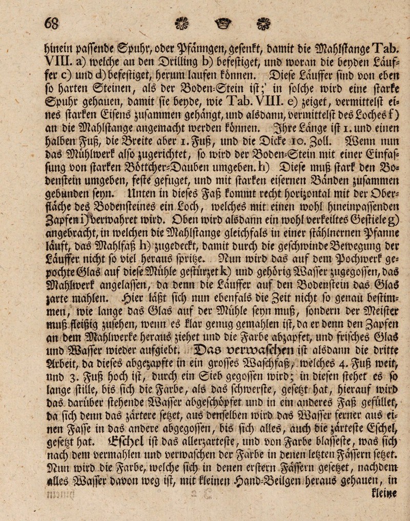 Innern paffettbe Spufjr, ober ^fdnngen, gefcitFf, bamtf bte SKafjfffange Tab. VIII. a) toelclje an ben Sriüing b) befeftiget, unb tooran bte bepbett Sauf» fee c) unb d) befeftiget, f)ei'um laufen fbntten. £)tefe Sduffer ftnb non eben fo garten Steinen, ald ber 33oben=@tettt ifl;' in folcfje mich eine flarfe Spuljr genauen, bamit fte bepbe, tote Tab. VIII. e) jeiget, oermittelft ei» ned flarfen ©fettd jufammett gelangt, unb aBbann,oermittel)t bed£ocf)edf) an bte SDlafflfiange angemacf)t toerben fbnnett. 2d)re Sange i(t i. unb einen fjalben $uß, bte iörette aber i.^ufj, unb bie SMcfe io. goll. ©enn nun bad SOlüfjltoerf alfo jugerid)tet, fo toirb ber 25oben=Stein mit einer <£infaf= futtg oon ffarfen 236ttd)er»£)attben umgeben, h) ©iefe tnu§ ftarf ben 23o= benftein umgeben, fefie gefuget, unb mit jtarfen eifernen SMnben jufammen gebunben fepn. Unten in biefed $aj) fontrnt recfjt fforijontal mit ber Ober» flache bed Sßobettfieined ein Socl), toelcfted mit einen tooffl (uneinpaffenben gapfen ijbertoaljret toirb. Oben mirb aBbanrt ein tooffl oerfeifteo ©efiiele g) angebracht, in toelcljen bte ?D?af)lftange gletcpfald in einer ftdplncrnen Pfanne lauft, bad SDtafjlfdft h) jugebecft, bamit burd) bie gefd)toinbe23etoegtmg ber Sduffer nid)t fo oiel fferaud fprtße. 9hm toirb bad auf bem ^odjmetf ge» pochte ©lad auf biefe Sftufjle geftürjetk) unb geportg ©affer ;ugegoffect, bad fSttaffftoerl! angelaffeit, ba benn bie Sduffer auf ben 33obenftetn bad ©fad jarte mafjlett. jgjier laft fiel) nun ebettfald bte gett ntd)t fo genau bejtim» men, toie lange bad ©fad auf ber 9)lüf)fe fepn mttf, fonbertt ber fOteifter rnttf? fleipig ;ufef)en, toettn cd flar genug gemäßen tf?, ba er benn ben gapfen an bem 3Jtaf)ltoerfe f)eraud Reifet ttnb bie §arbe abjapfet, unb ft*ifd)ed ©lad unb ©affer toieber aufgiebt. 3Dd0 üciwafcfycn ift aldbann bie brttte Arbeit, ba biefed abgejapfte tn ein groffed ©afd)faf?, toeldjed 4. $uf? weit, unb 3. $-uf? f)od) ift, burcf) ein Sieb gegojfett toirb; tn btefett ftefjet ed fo lange fidle, btd ftd) biegarbe, ald bad fd)toerffe, gefegt t)at, hierauf toirb bad baruber fteffenbe ©affer abgefcf)6pfet unb in ein anbered ffaft gefüllef, ba ftd> benn bad jdrtere fe|et, aud benfelben totrb bad ©affer ferner aud ei» nen $affe in bad anbere abgegoffett, bid ftd) alled, aud) bte jdrtefie ©fdfef, gefeßt f)at. Uffcl^cl tft bad aüerjartefte, unb »ott garbe blaffejte, mad ftd)' nad) bem oermaf)len unb oertoafepen ber garbe itt betten lebten Raffern fepet. S)?utt toirb bie /färbe, toe(d)e ftel) in benen erftern gdffent gefepet, nad)bem alled ©affer baoott toeg ift, mit ffeitteu .£>anb=23eilgen pecattd genauen, in n:. ' Kein«