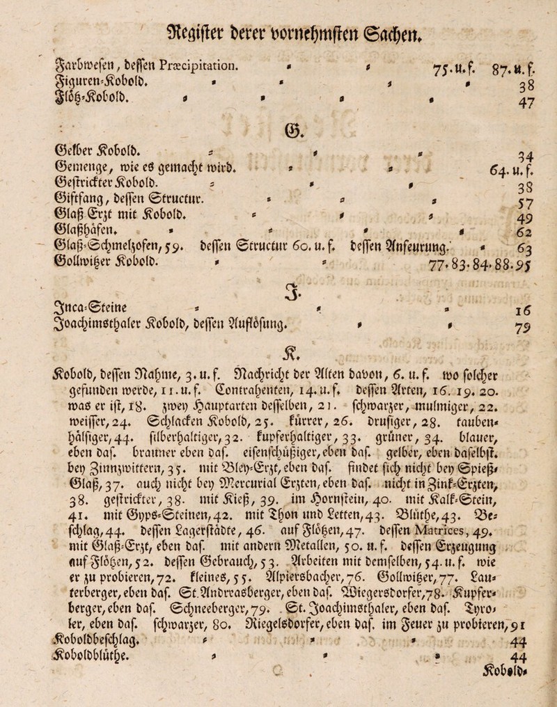 Stiftet berer t'ornefmtfrm ©a^ett. gatbtivfetl, beffen Preecipitation. SiguremÄobolb* • ®(if*Äo6öIb. * 7 87*». f> 0 38 1 47 ©♦ ©efbet ^obofb. 5 * ©einenge, nüe e$ gemäße n>irb* * ©efricftec^oboib. 5 * ©tftfang, &e|fen ©ftuclur. * ©laß ©rjt mit Äobolb* * @(aff)dfcn* % t * ©(aff ©d^meljofen, 59. beffen ©eructur 60, u. f beffen ?(nfeurung.’ ©oHwi|er j?obdb. 3nca:©feine * 3oacfcim$t()a(er $obo(b, bejfen QlufWfitng. 3 34 64. u* f - 38 57 49 62 0 6 3 77* 83-84*88.95 1$ 79 & ; ■■;■ tfobolb, beffen 9Ra{jme, 3♦ «♦ f. 9ta<$rid^t bet 2(ffen babeit, 6. tu f. mo folget gefuuben werbe, u.rnf (Eontraljetifen, 14*u*f beffen Sitten, 16. 19, 20. was ec ij}, ig* jwet; Jjaupfarfen bejfelben, 21. fc^marjer, mulmiger, 22* mißte,24. ©d^aefen $obo[b, 2^ furrer, 26. bruftger,28. tauben* §alftger,44* flberfmltlger,32. fupferfjältiger, 33* grüner, 34. blauer, eben Daf* brauner eben baf eifenfdwfiger, eben baf gelber, eben bafelb|h bet) ginnjwiffern, 3 ?♦ mit 93lep*®rjf, eben baf ftttbee ftdj nicljf bep ©pteg# ©laff 37» aud) uic^t bet; SKercurial (Seiten, eben baf ntd)t in 3mNl:r$fen> 38. getriefter, 38- mitÄieß, 39. im ijornfmn, 40. mit Äalf*©teitt, 414 mit @t;p6=©feinen,42. mit $£011 unb Werten,43. 3Müt!je/43* Q3c* fd)(aa, 44* beffen Süagerfläbfe, 46. auf Sieben, 47. bejfen Matrices, 49* mit ©(aff Sr,5c, eben baf mit anbern SRetaüen, 50* u. f beffen Sr^eugung nuf 3(o£en, 52* bejfen ©ebraucl), 5 3. 2lrbeifen mit bemfelbert, 54. u* f wie er probieren,72* flehtet, 55* STfpteröbad^er,76’. ©odwifer^* Sau* terberger, eben baf @t.5fnbrea$6ecger,ebenbaf 3Bteger$borfer,78* Tupfer- berget, eben baf ©c^neebergc.r,794 . ©t 3oac^im$t£aler, eben baf. 5t;cö/ ler, eben baf fcfcwarjer, 8o# JKiegefeborfer, eben baf im 3*euer ju probieren^i Jfobolbbefcfclag* * * • 44 * ? •'',>? 44 C . 5\ob#(b# $obo(bblutf)e.