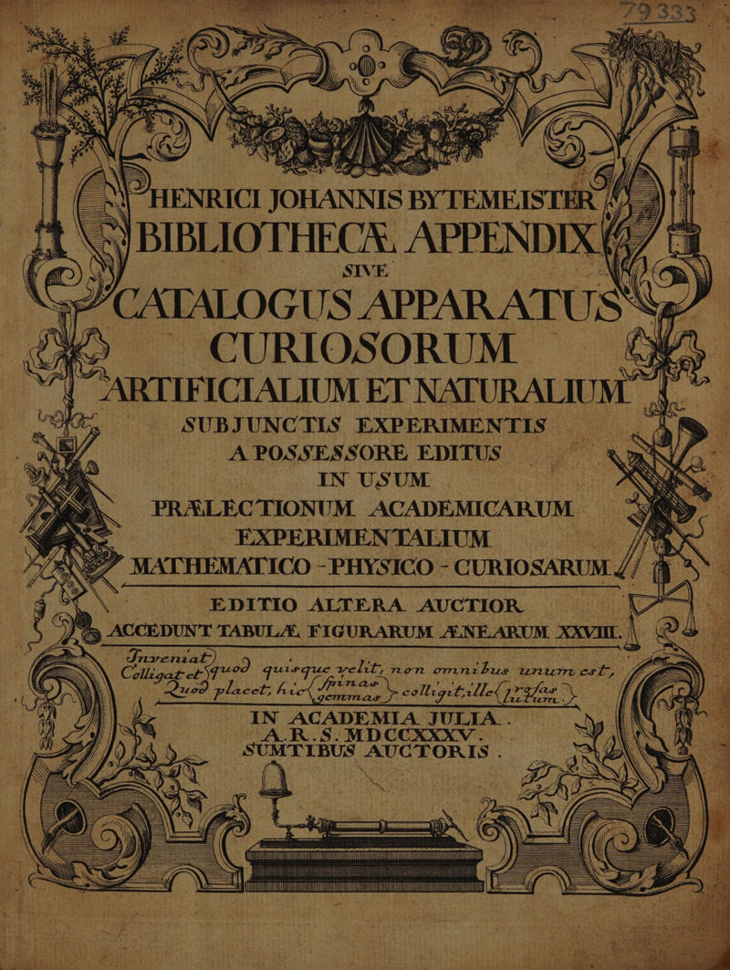 P'HENRICI JOHANNIS BY TEMEISTE yr A BIBLIOTHECN. APPENDIX (É S IVE -CURIOSORUM.- Wu ER MHETALIUR ET NATURALIUM ii b. |. SUBJUNCTIS EXPERIMENTIS | / A POSSESSORE EDITUS - IN USUM (QUIS. v zl Vrae? quisque vs 7zon ominibus unum eet, t unie edv er As IN ACADEMIA: J ULIA. (A.R.S. MDCCXXXV . SÜNTIBUS AUCTOR IS.
