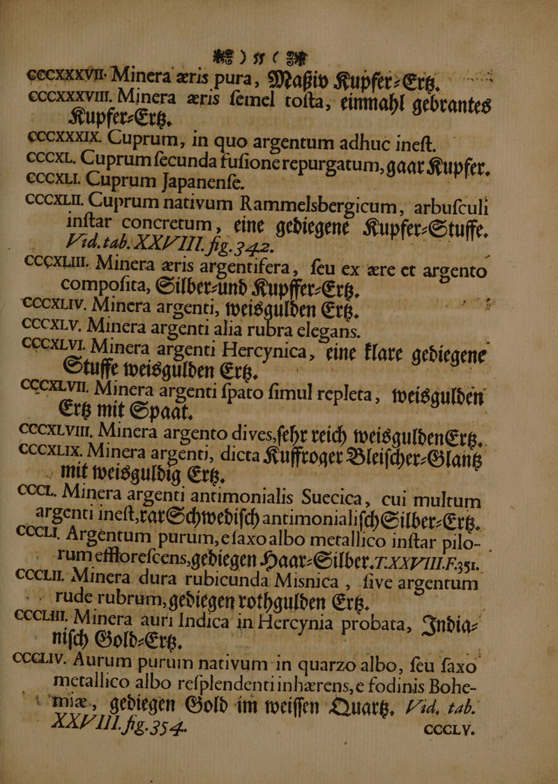 Tn LONE LLL si eecxxxvi- Minera aeris pura, 9Rafio ftupferzGrg, ^ 7^ eccxxxvir. Minera zris femel tofta, einmabl gebtantes JAFUfete Cagun cpm o ood. €ccxxxix. Cuprum, in quo argentum adhuc ineft, CCCXL. Cuprum fecunda fufione repurgatum, gaat feupfer, €ccxLt Cuprum apanenfe. —^—— ^ Veg deii Vui IAM ccoxur. Cuprum nativum Rammelsbergicum, arbufculi inftar concretum, eíne gebíegent $upferetuffe. 2v Fid.tabl XXV ILfg.222..- rug telle o ra Rt CCCXLIUI. Minera aris argentifera, feu ex are ct argento compofita, Ciilberzunb seupffer/Grg, — | €ccxuv. Minera OP up Cro. — CCCXLV. Minera argenti alia rubra elegans. iiid CCCXLVI. Minera argenti Hercynica, vine flare geblegene. Ctuffe torisgulben Cre. APR GG dada t ae oic ed CCCXLVII. Minera argenti fpato fimul repleta, foríégulben . Qr&amp;mitepaat. ^ ^ HM nir ciow celi ps ccexLvir, Minera argento dives/febt teid) IpeiSgulbenGre.. CCCXLIX. Minera argeno, dicta feujfcoger SSleifcber/GIang .WiüffoeiSgulbig CtG. — — — T TENET en CCCL. Minera argenti antimonialis Suecica, cui multum argenti inefGrat&amp;dmebif d) antimoniali (d) Cilber&amp;rg.. CCCLL. Argentum. purum, efaxoalbo metallico inftar pilo- . . Trumkethorefcensgebiegen J9aatzCoilbet. 7: XXI/ILFas.. cccur Minera dura rubicunda Misnica , ive argentum. :. rude rubrum, gebitgen robgulben Cr&amp;. — ^ — cceut. Minera auri Indica in Hercynia probata, Snbíaz CCCLIV. Aurum purum nativum in qua rzo albo, feu faxo . mctallico albo ref; plendentiinhzrens,e fodinis Bohe- mim, gebiegen Giolb im tociffen £uatt. Fd, tL.