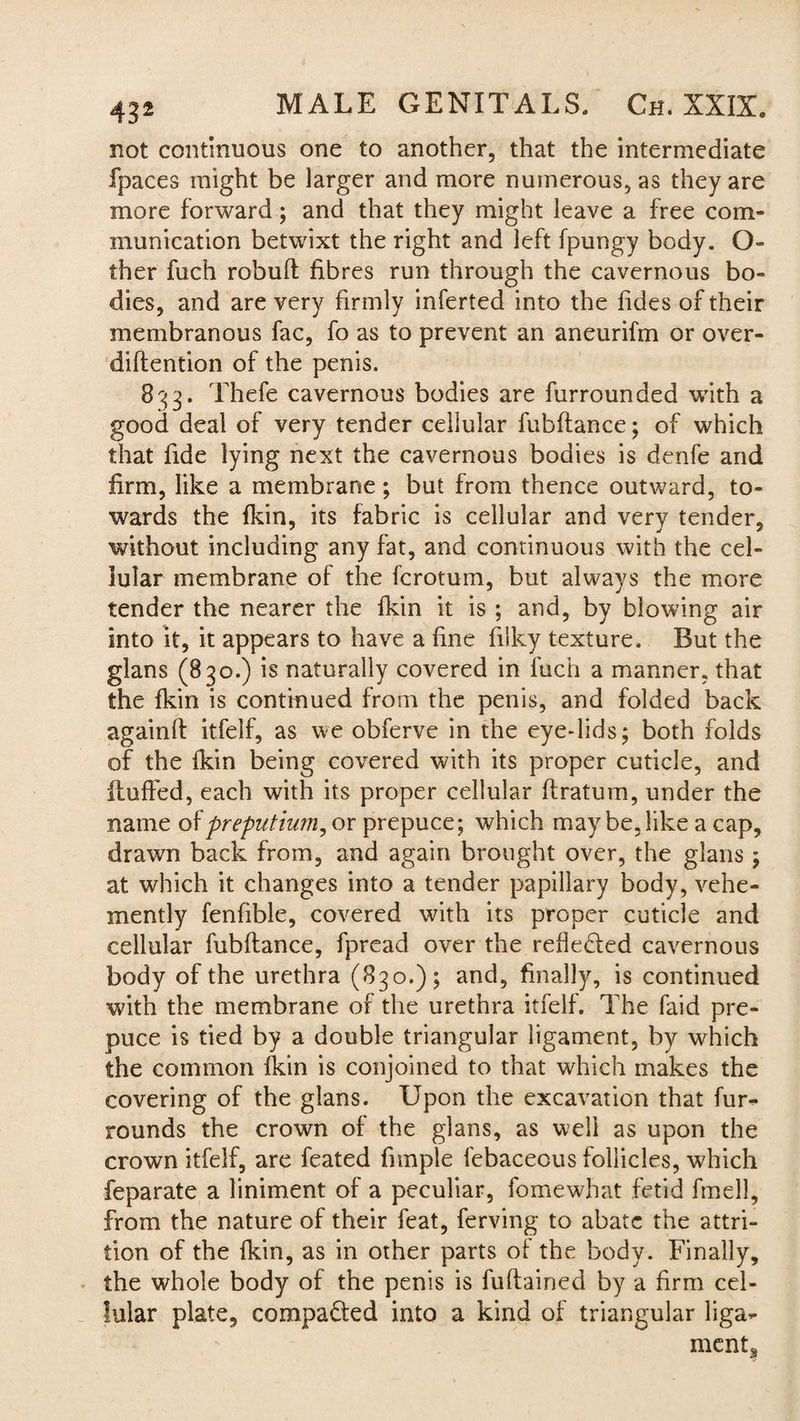 not continuous one to another, that the intermediate fpaces might be larger and more numerous, as they are more forward; and that they might leave a free com¬ munication betwixt the right and left fpungy body. O- ther fuch robuft fibres run through the cavernous bo¬ dies, and are very firmly inferted into the fades of their membranous fac, fo as to prevent an aneurifm or over- diftention of the penis. 833. Thefe cavernous bodies are furrounded with a good deal of very tender cellular fubftance; of which that fide lying next the cavernous bodies is denfe and firm, like a membrane; but from thence outward, to¬ wards the fkin, its fabric is cellular and very tender, without including any fat, and continuous with the cel¬ lular membrane of the fcrotum, but always the more tender the nearer the fkin it is ; and, by blowing air into it, it appears to have a fine filky texture. But the glans (830.) is naturally covered in fuch a manner, that the fkin is continued from the penis, and folded back againft itfelf, as we obferve in the eye-lids; both folds of the fkin being covered with its proper cuticle, and fluffed, each with its proper cellular ftratum, under the name of preputium, or prepuce; which may be, like a cap, drawn back from, and again brought over, the glans; at which it changes into a tender papillary body, vehe¬ mently fenfible, covered with its proper cuticle and cellular fubftance, fpread over the reflected cavernous body of the urethra (830.); and, finally, is continued with the membrane of the urethra itfelf. The faid pre¬ puce is tied by a double triangular ligament, by which the common fkin is conjoined to that which makes the covering of the glans. Upon the excavation that fur- rounds the crown of the glans, as well as upon the crown itfelf, are feated fnnple febaceous follicles, which feparate a liniment of a peculiar, fomewhat fetid fmell, from the nature of their feat, ferving to abate the attri¬ tion of the fkin, as in other parts of the body. Finally, the whole body of the penis is fuftained by a firm cel¬ lular plate, compared into a kind of triangular liga¬ ment*