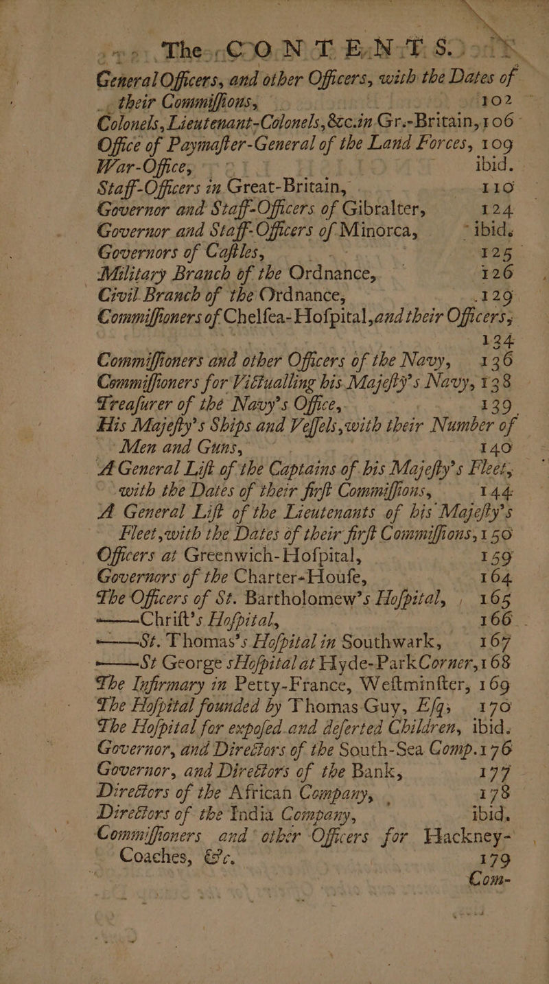 ‘The-; CoN T EWN Ee Son General Officers, and other Officers, with the Dates ie | _ their Commiffions, ) SHPO? = Colonels, Lieutenant-Colonels, &amp;c.in. Gr. Britain, 106 - Office of Paymafter- General of the Land Forces, 109 War-Office, °°: ibid. Staff-Officers in Great-Britain, . siesta Governor and Staff-Officers. of Gibralter, 124 Governor and Staff-Officers of Minorca; “ibid. Governors of Caftles, ; ss Military Branch of the Grdnshes: 4g 126 Civil Branch of the Ordnance, 129 Commiffioners fC Chelfea- Hofpital,and their Officer’, | 124 Commiffioners and other Officers of the Navy, 1 36 6 Commiffioners for Vittualling his Majefty’ s Nave ts 138 Treafurer of thé Navy's Office, Elis Majefty’s Ships and Veffels with their Meee of ‘Men and Guns, 140 &gt; 3 A General Lift of the Captains of bis Majefty’s Fleet, with the Dates of their firft Commiffions, 144 A General Lift of the Lieutenants of his Majefty’s Fleet ,with the Dates of their firft Commiffions, 150 Officers at Greenwich- Hofpital, 159 Governors of the Charter-Houfe, 164 The Officers of St. Bartholomew’s Hofpital, , 165 ——Chrilt’s Hopital, 166 . 5. Thomas's Hofpital in Southwark, 167 — St George sHofpital at Wyde-Park Corner, 1 68 The Infirmary in Petty-France, Weftminfter, 169 The Hopital founded by Thomas Guy, Efg; 170 The Hojpital for expofed.and deferted Children, ibid. Governor, and Directors of the South-Sea Gomp.176 Governor, and Direéiors of the Bank, 199 Direéiors of the African Company, 178 Direéfors of the Tndia Company, ibid. Commiffioners and’ other Officers for Wiackney- Coaches, &amp;e. 179 Com-