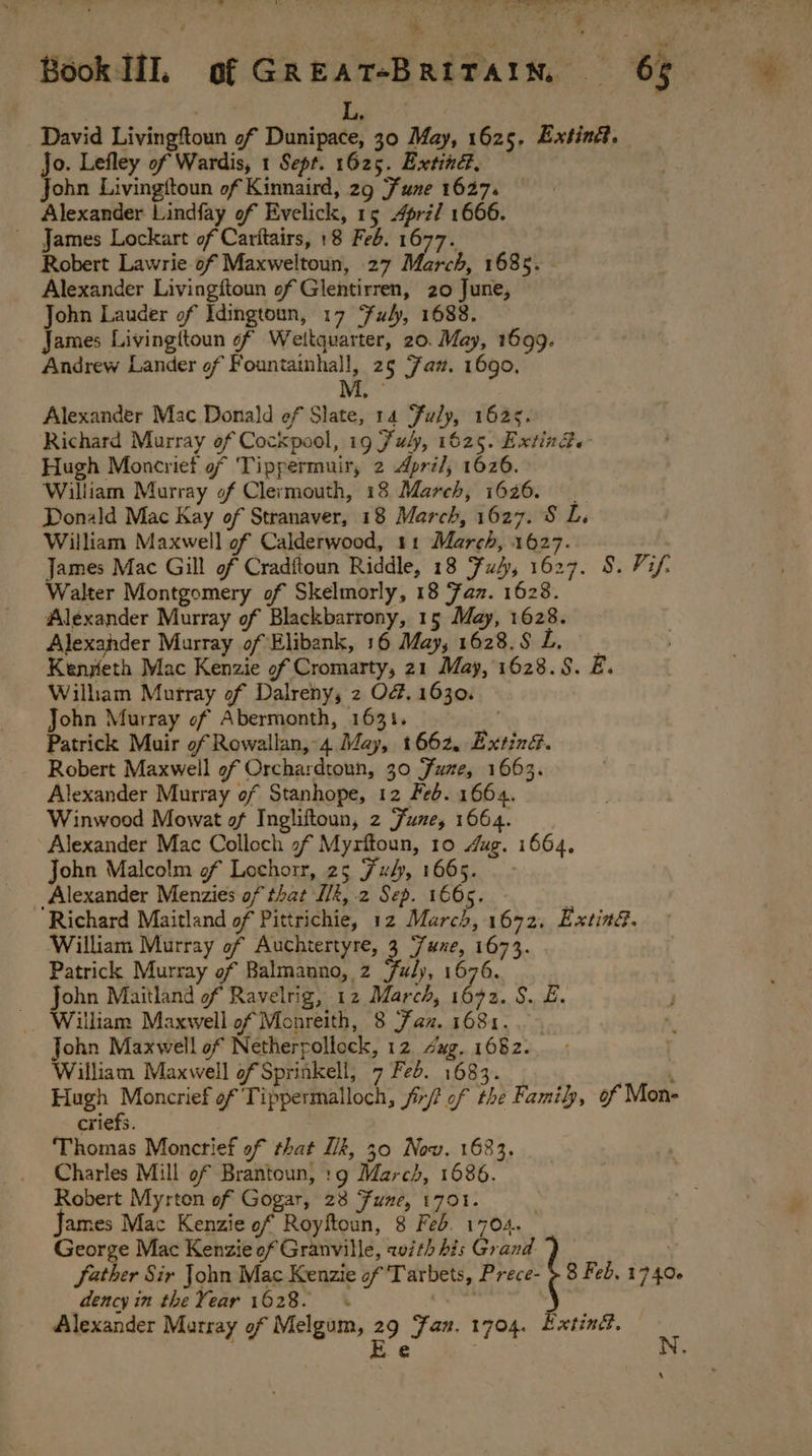 ¥ . ' PERE A Te oe’ ’ Ley Book Il], of GREAT-BRITAIN, 65. } lage David Livingftoun of Dunipace, 30 May, 1625. Extind. Jo. Lefley of Wardis, 1 Sept. 1625. Extind, — John Livingftoun of Kinnaird, 29 Fune 1627. Alexander Lindfay of Evelick, 15 4pri/ 1666. James Lockart of Caritairs, 18 Feb. 1677. Robert Lawrie of Maxweltoun, 27 March, 1685. Alexander Livingftoun of Glentirren, 20 June, John Lauder of Idingtoun, 17 Fuly, 1688. James Livingitoun of Weltquarter, 20. May, 1699. Andrew Lander of Fountainhall, 25 Faz. 1690. M - Alexander Mac Donald ef Slate, 14 Fuly, 1625. Richard Murray ef Cockpool, 19 Ful, 1625. Extinde- Hugh Moncrief of Tippermuir, 2 Apri/, 1626. William Murray of Clermouth, 18 March, 1626. __ Donald Mac Kay of Stranaver, 18 March, 1627. 8 L. William Maxwell of Calderwood, 11 March, 1627. James Mac Gill of Cradftoun Riddle, 18 Fu4, 1627. 8. Vif. Walter Montgomery of Skelmorly, 18 Faz. 1628. Alexander Murray of Blackbarrony, 15 May, 1628. Alexander Murray of Elibank, 16 May, 1628.9 2. Kenyeth Mac Kenzie of Cromarty, 21 May, 1628.8. BE. Wilham Murray of Dalreny, 2 O&amp;. 1630. John Murray of Abermonth, 1631. Patrick Muir of Rowallan, 4 May, 1662, Exting. Robert Maxwell of Orchardtoun, 30 June, 1663. Alexander Murray of Stanhope, 12 Feb. 1664. Winwood Mowat of Ingliftoun, 2 Fune, 1664. Alexander Mac Colloch 2f Myrftoun, 10 dug. 1664, John Malcolm of Lochorr, 25 Ful, 1665. Alexander Menzies of that Ik, 2 Sep. 166s. . Richard Maitland of Pittrichie, 12 March, 1672. Extind. William Murray of Auchtertyre, 3 Y#xe, 1673. Patrick Murray of Balmanno, 2 Fuly, 1676. John Maitland of Ravelrig, 12 March, 1672. 8. £. William Maxwell of Monreith, 8 Jaz. 1681. John Maxwell of Netherpollock, 12 ug. 1682. William Maxwell of Sprinkell, 7 Fed. 1683. \ Hugh Moncrief of Tippermalloch, fr/? of the Family, of Mon- criefs. Thomas Moncrief of that Ik, 30 Now. 1683. Charles Mill of Brantoun, :g March, 1686. Robert Myrton of Gogar, 28 Fune, 1701. James Mac Kenzie of Royftoun, 8 Feb. 1704. George Mac Kenzie of Granville, «with bis Grand . father Sir John Mac Kenzie of Tarbets, Prece- &gt; 8 Feb. 1740. dency in the Year 1628. EN Alexander Murray of Melgum, 29 Fan. 1704. Extind. . Ee