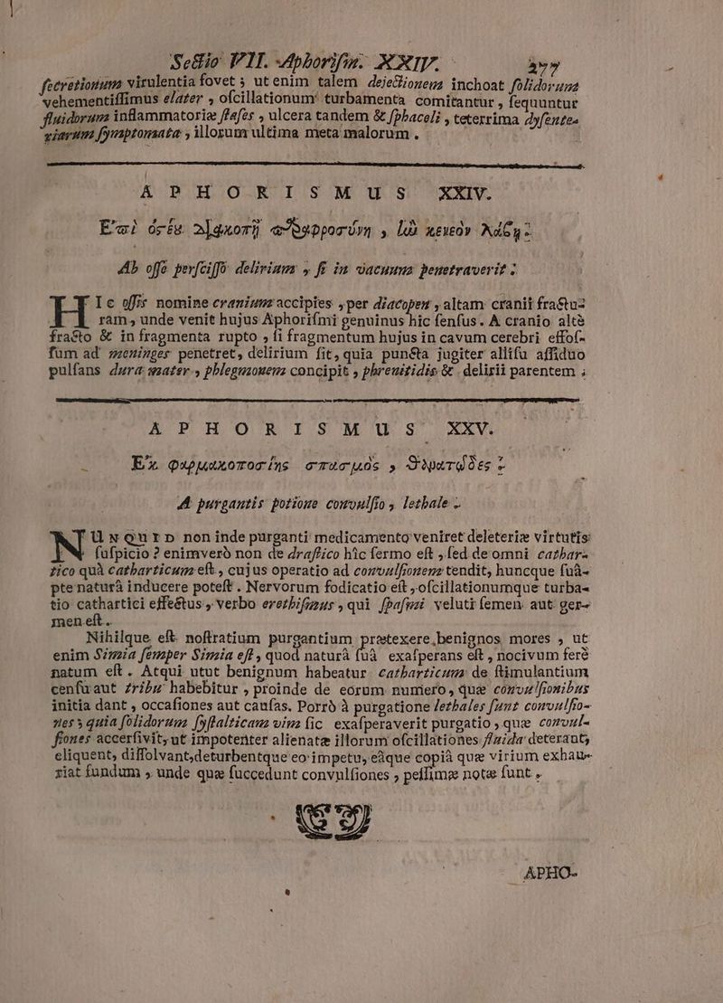 seio: FIT. Aphorifn: RRIP - feeretionum virulentia fovet ; ut enim talem deje&amp;iogeuz inchoat folidorus2 vehementiffimus e/azer , ofcillationum: turbamenta comitantur , fequuntur uidorum inflammatoriz //efes , ulcera tandem &amp; fphaceli , tetezrrima dyfentea viarum fymptonsata ; dorum ultima meta malorum . ' Uu ATP HO-—RISMUS. XXIV. Ew! dris agror) «^oporórm , hb zeued» Aag Ab offe pev[ciff: deliriam y ff in dacuuns peuetraverit ; F Ie fis nomine craniunr accipies „per diacopen , altam: cranii fra&amp;tuz ram, unde venit hujus Aphorifmi genuinus hic fenfus. A cranio altè fra&amp;to &amp; in fragmenta rupto , fi fragmentum hujus in cavum cerebri effof~ fum ad meninges penetret, delirium fit, quia punéta jugiter allifu affiduo pulfans dura mater- pbleguaouenz concipit , phreuitidis &amp; . delirii parentem ; A PHORISIM'USXxxu : Ez QupuaxoTrocíns oTu4cguds s Spero Ses 2 : A purgantis potione comoulfío , letbale ~ üNQur» non inde purganti medicamento veniret deleteriz virtutis EN fufpicio ? enimvero non de draftico hic fermo eft ,fed de omni cathar tico quà catharticum eft, cujus operatio ad comvalfronenz tendit, huncque fuà- pte naturà inducere poteft . Nervorum fodicatio eft ;ofcillationumque turba- tio cathartici effe&amp;tus , verbo erezbifgzus , qui fpafmi veluti (emen: aut. gers men.elt . Nihilque. eft. noftratium purgantium protexere,benignos mores , ut enim Simia femper Simia efl , quod naturà {uà exafperans eft , nocivum fere natum eft. Atqui utut benignum habeatur. catharticum de ftimulantium cenfuaut zribz habebitur , proinde de eorum numero, quae comvaz!fionibus initia dant , occafiones aut caufas. Porrà à purgatione /ezbales Junt comvulffo- nes 5 quia folidorum. [yflalticauz vim fic exafperaverit purgatio ,.que convula fones accerfivit,ut impotenter alienate illorum ofcillationes fzida' deteraut; eliquent, diffolvant,deturbentque'eo' impetu, eàque copià quz virium exhaue riat fundum » unde qua fuccedunt convulfiones ; peffime note funt > €