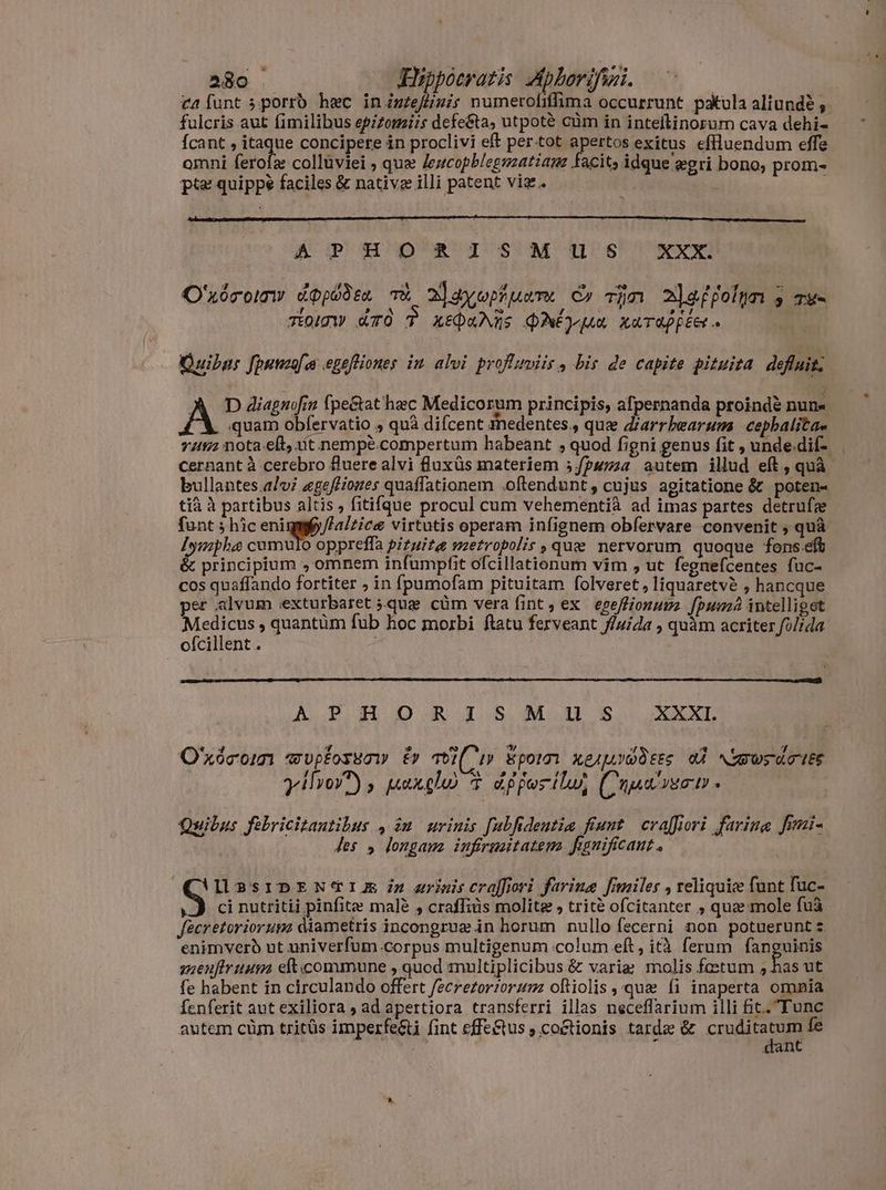 ca funt 5 porrd hec in inzefinis numeroliffima occurrunt pakula aliundé ; fulcris aut fimilibus epizomiis defe&ta, utpotè cùm in intellinorum cava dehi- {cant , itaque concipere in proclivi eft per-tot apertos exitus effluendum effe omni ferofæ collüviei , quæ Jeucopblegnzatiam facit; idque gri bono, prom- pte quippe faciles & nativz illi patent vig. | i : DPN ORNI SUUM USRR O'xóc ola dopo ea w 2layepüusms C» rin clasffolmn a ny WEN zr RJ e Ay TOITW ATÒ P xEDANĂS ONEJ pA xurappéet .« Quibns [puma egefliones in alvi profumviis, bis de capite pituita defluit; A D diagnofin fpe&tat hec Medicorum principis, afpernanda proindè nuna A quam obfervatio ; quà difcent medentes., quz diarrbearum cepbalitae rum nota elt, út nempé.compertum habeant , quod figni genus fit , unde.dif- cernant à cerebro fluere alvi fluxüs materiem 5/?4724 autem illud eft, quà bullantes.a/vi ægefliones quaffationem .oftendunt, cujus agitatione & poten- tià à partibus altis , fitifque procul cum vehementià ad imas partes detrufze funt; hic MEA, alice virtutis operam infignem obfervare convenit ; quà lymphæ cumulo oppreffa pizuita metropolis , que nervorum quoque fons ef & principium , omnem infumpfit ofcillationum vim , ut fegnefcentes fuc- cos quaffando fortiter , in fpumofam pituitam folveret, liquaretvé , hancque per alvum :exturbaret qug cùm vera fint, ex epe/ffionums [pus intelliget M » quantüm fub hoc morbi ftatu ferveant fuida , quàm acriter folida oícillent . AP A ORI SMI S XXXI. O'xócom wvpfossow ér mI 1» špan neprwdees ai Nawr drIes / ^ sre 4 834 4 yilyoy?) , pergh F dpporilu, (nyures . Quibus febricitantibus , în urinis Jubfidentiæ fiunt crafiori farine fimi- Jes , longam infirmitatem fignificant s S IUUBSIDENTIÆ iz urinis crafiori faring fimiles , reliquiæ funt Tuc- |J). ci nutritii pinfite malè , craffiüs molite , tritè ofcitanter ; quae mole fuà fecretorioruga diametris incongrue in horum nullo fecerni non potuerunt < enimvero ut univerfum corpus multigenum colum eft, ità ferum fanguinis menfirunm eft commune , quod multiplicibus & varie molis fcetum 5 has ut fe habent in circulando offert /ecrezorzorzmz oftiolis ,quæ fi inaperta omnia fenferit aut exiliora ; ad apertiora transferri illas neceffarium illi fic. Tunc autem cùm tritüs imperfeéti fint effe&tus ,.coctionis tarde & cruditatum fe à dant