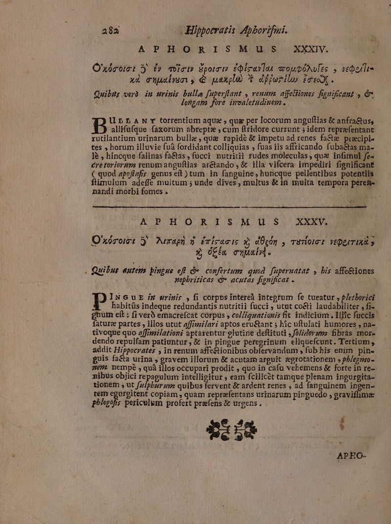 A P HORIS MUS o XXXIV. Ó'xóconet 3 év mrem gporrw EQisarlu woupihults , sedala N ; MR WC TW ». xà cnuais s È uaxpo è djpertiho fcfe. Quibns verè in urinis bulla fuperflant , renum affetiones fignificant , & | loñgam fore imealetudiuem . | UrnnaANrT torrentium aque , qug per locorum angullias & anfra&tuss D allifufque faxorum abreptæ , cum flridore currunt ; idem reprefentant rutilantium urinarum bulle , quæ rapidé & impetu ad renes fa&te precipi« - tes ; horum illuvie fuà fordidant colliquias , fuas iis affricando fuba&tas ma- lè , híncque falinas fa&as, fucci nutriti rudes moleculas, qua infimul fes Cre torioruma venum anguftias arétando , & illa vifcera impediri fignificanë ( quod apoffafis. genus eft) tum in fanguine, huncque pellentibus potentiis imulum adeffe multum ; unde dives, multus & in multa tempora peren- nandi morbi fomes . . A PHORISMI3IiSs. XXXV O'xóroict 3 Mrapi 9 £rízactis dj dÜcón , TuTiotet veperrind 3 j x o En. eiua. | . Quibus autem pingue eff & confertum quod. fupernatat , bis affectiones | nephrizticas © acutas fignificat . : jiNsutr:z urinis , fi corpus intereà integrum fe tueatur , glezborici | habitüs indeque redundantis nutritii fucci ; utut co&ti laudabiliter , fi- ghum eft : fi verb emacrefcat corpus , co///gpationis fit indicium. Illic fuccis faturee partes , illos utut affiuzilari aptos eru&ant 5 hic uftulati humores , na- tivoque quo a/fimilationi aptarentur glutine deftitutt ,0/idorzz fibras more dendo repulfam patiuntur, & in pingue peregrinum eliquefcunt. Tertium y addit Hippocrates , in renum affe&ionibus obfervandum , fub his enim pin- guis fa&ta urina , gravem illorum & acutam arguit ægrotationem » phlegmo- mem. nempe , quà illos occupari prodit , quo in cafu vehemens & forte in re- nibus objici repagulum intelligitur ; eam fcilicét tamque plenam ingurgita- tionem , ut fzipburzi quibus fervent & ardent renes , ad fanguinem ingen- ter egargitent copiam, quam repreefentans urinarum pinguedo , graviflimae phlogofs periculum profert præfens & urgens. . pasto . 1