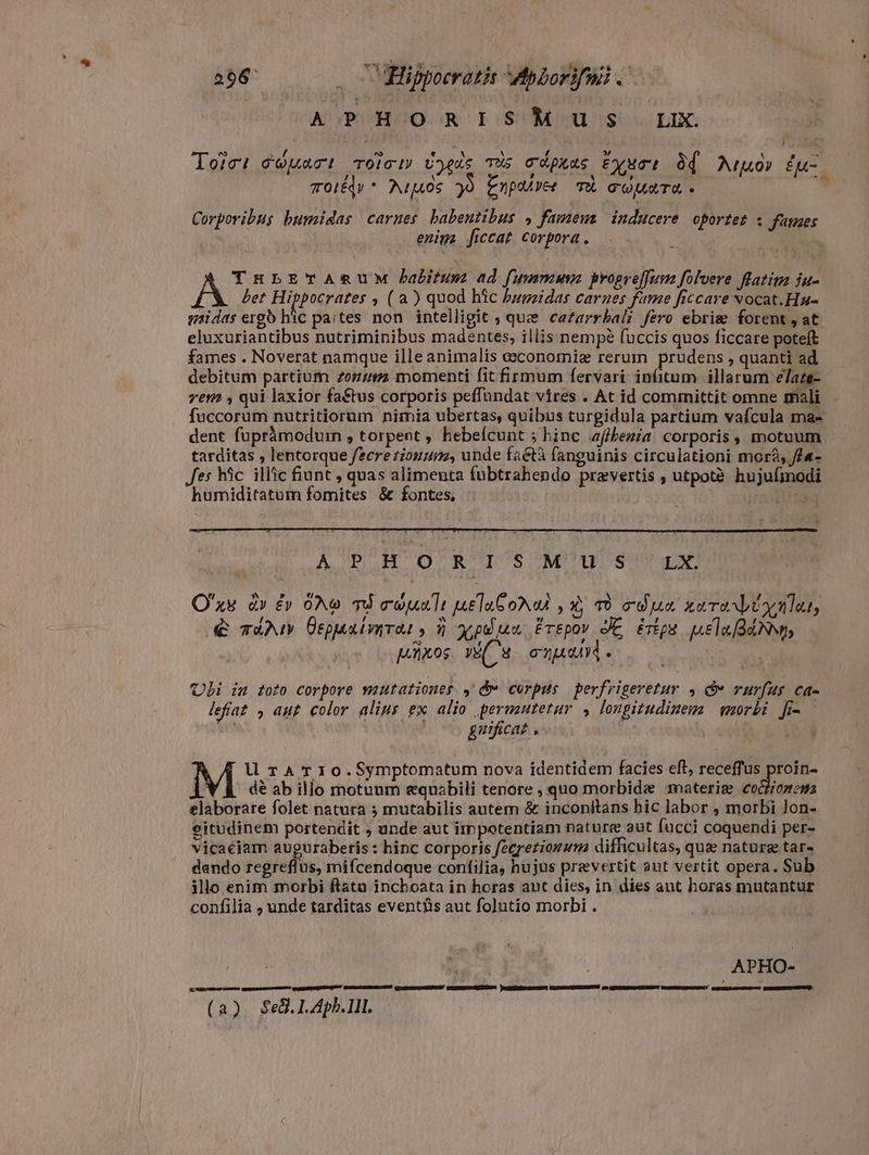 es AET d D] e » k  Torri opari Tolci» iyis Tis odpnas Eyuci Òf Armor Eu- J , Li b 4 ] IL Toléd» * Aiju0s Y Enpre TÈ TOMATA . , Corporibus humidas carnes habentibus , famem inducere oportet x fames enim _ficcat corpora, THELEYARUM habitum ad [fummum progreffum folvere Ratima ju- À bet Hippocrates » ( a) quod hic bugzidas carnes fame ficcare vocat. Hua midas ergo hic paites non intelligit ; que cazarrbalz fero ebriæ forent, at eluxuriantibus nutriminibus madentes, illis nempé fuccis quos ficcare poteft fames . Noverat namque ille animalis osconomiz rerum prudens , quanti ad debitum partium 7zo5zzma momenti fit firmum fervari infitum illarum elate- vem , qui laxior faftus corporis peffundat vires . At id committit omne mali fuccorum nutritiorum nimia ubertas, quibus turgidula partium vafcula ma- dent fuprámodum , torpent , hebeícunt ; hinc affbenia corporis , motuum tarditas , lentorque f?cre tionum, unde fa&amp;tà fanguinis circulationi mora, ffa- Jes híc illic fiunt , quas alimenta fübtrahendo pravertis , utpotè hujufmodi humiditatum fomites &amp; fontes, Un O'xe d» ëv ONW TÀ cuu ]t elebo , x; T9 rdua xao oy nat, € TArt OeppaivnTat s 3 xps Frepov K inps pelaBaNy pixos s e nj ann . Ubi in toto corpore mutationes. y &amp; corpus perfrigeretur y &amp; rurfus ca- lefiat , aut color alius ex alio permautetur , longitudinem morbi fia - gnificat , M U TA TIo. Symptomatum nova identidem facies eft, receffus proin- dè ab illo motuum æquabili tenore , quo morbidæ materiæ cocionema elaborare folet natura ; mutabilis autem &amp; inconitans hic labor , morbi lon- eitudinem portendit , unde aut impotentiam naturæ aut fucci coquendi per- vicaciam auguraberis : hinc corporis feerezzonuma difficultas, quae naturg tar- dendo regreflus, mifcendoque confilia, hujus prevertit ant vertit opera. Sub illo enim morbi ftatu inchoata in horas aut dies, in dies ant horas mutantur confilia , unde tarditas eventûs aut folutio morbi . APHO- NS nauseum G P GSE S paee a o OE E A G: