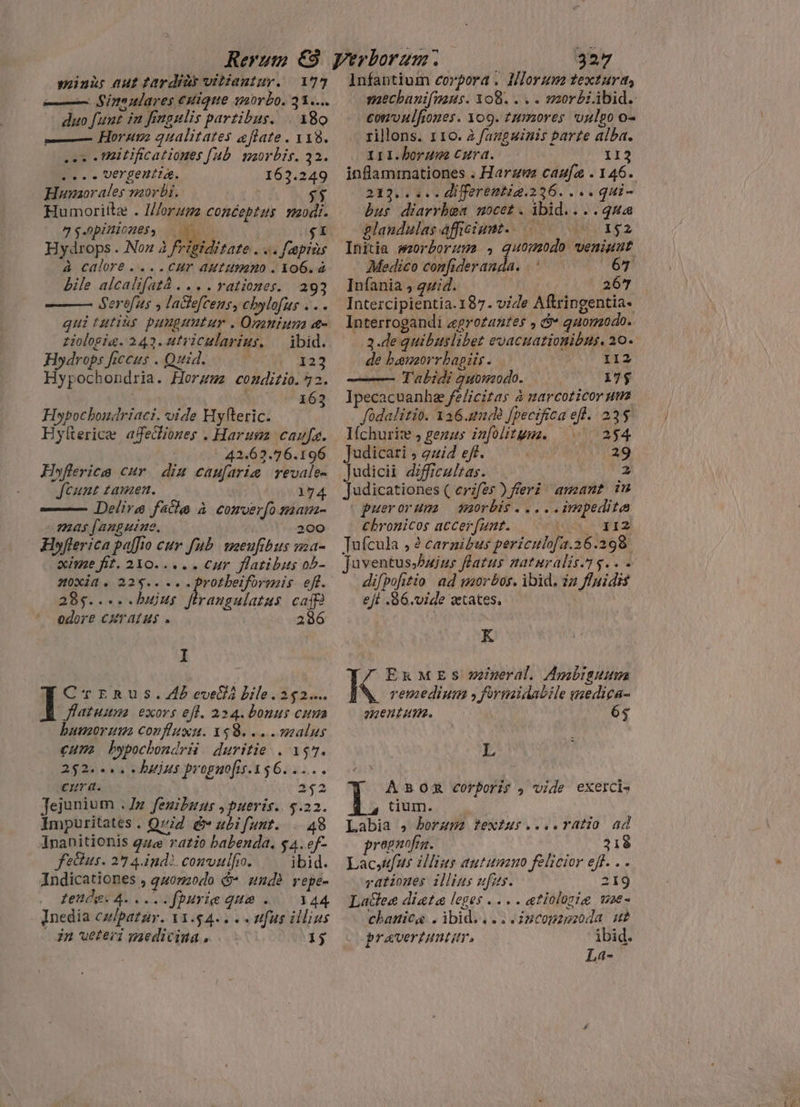yainü: aut tardiàt viliautur. 173 — Sine ulares euique morbo. 21.... duo fuut in fingulis partibus. |. 180 —— Horum aqualitates eflate . 118. ons mitificationes fab. morbis. 32. . o. o Uergentia. 162.249 Haumorales morbi. ` $5 Humorittz . Worum conceptus modi. 95.0pinioneé, $ Hydrops . Noz à frigiditate cs fetpias à calore .... cur autumno . 06.4 bile alcalifatà . .. . rationes. 293 ——— Serefus , lae[cens, chylofus . . . gui tutiùs punguutur . Oneniun &amp;- tiologiæ. 242.utricularius. ibid. Lan] Hodrops ficcus . Quid. 123 Hypochondria. Horum comdirio.*2. ; 163 Hopocboudriaci. vide Hyfteric. Hylerice afetiones . Harum caufa. | 42.672.76.196 Hyflerica cur dia caufarie revale- Jcunt tamen. 174 Delira fale à comverfo mam- mas fanguine. 200 Hoflerica paffio cur fub menfibus ma- xime fit. 210... . . Cur flatibus ob- MONIA DS LS eo v. eoi ef. 28g.... hujus firangulatus caffè odore curatus . 286 I - I Cr ERUS. Ab evellà bile. 252... fatuum exors efl. 224. bonus cum humorum confuxu. 388... malus cum bypochondrii duritie . 137. 2S 2e osa - ijs proguofis.156. ..... eura. 252 jejunium Inz feuibuus , pueris. 5.22. Impuritates . Quid &amp; uei funt... 48 Ananitionis guæ ratio habenda. $4.ef- fetus. 27 4.4nd3. convulfio. ibid. Indicationes , qzonzodo &amp; nud? repe- tende: 4... fpurie que ` 144 Inedia cuipatúr. 11.54... vfus illius  jn ueteri medicinas 1j Infantium corpora . Worum textura, convulfioxes. og. tumores uulgo o- rillons. 1 10. à fanguinis parte alba. 111.boruee cura. 112 inflammationes . Haram caufa . 146. 283.. &lt;. . differentig.236. sı qui- bus diarrhea nocet. ibid.. .. qua glandulas afficiunt... = 152 Initia morborum , guomodo veniunt Medico bib MBA 89 Infania , guid. | 267 Intercipientia.187. vide Aftringentia- Interrogandi ægrotantes , &amp;» quomodo. 3.de quibuslibet evacuationibus. 20. de bamzorrbapiis. 112 —— Tabidi guomodo. 17$ Ipecacuanhz felicitas à marcoticor um füdalitio. 136.222 fpecifica efl. 23$ l(churiz , geans infolitym. = 254 Judicari , guid eff. e alf 29 Judicii difficultas. 2 Judicationes ( erzfes )fieri amant in puerorum norbis... ..impeditø Chronicos accerfunt. SUM P. Tufcula , è carnibus periculofa.26.298 juventus.bujus flatus maturalis.75.. - difpofitio ad morbos, ibid. in ffuidis ejt .96. vide vetates. ; K  Er MES mineral. Ambiguum remedium , formidabile media- mentam. 65$ L A BOR corporis, vide exercis tium. Labia , horum textus .... ratio ad prognofin. 218 Lacyufus illius autumno felicior eff. . . rationes illius ufus. 219 Latles diga leges ....tiolosig wae- chanica .ibid.... incommoda s praverzantar, ibid. La-