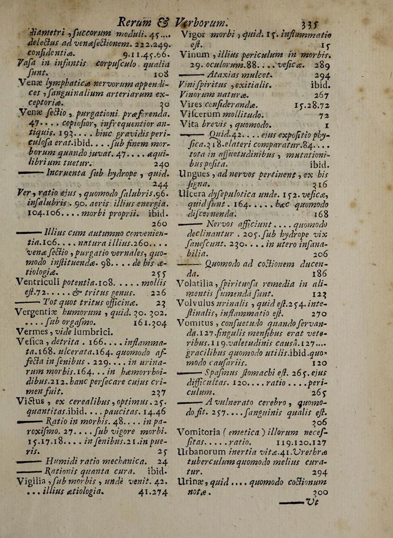 Rerum & diametri 9 fine corum moduli. 4$.... deleBus ad venafieBionem. 222.249. confident ice. 9-n.4f.66. Vafin in infant is corpuficulo qualia fiunt. 108 Venae lymphatics nervorum appendi¬ ces 9fianguinalium arteriarum ex¬ ceptor is. 30 Vena; fieBio 9 purgationi prsfrenda. . copiofior9 infrequentior an- tiquis. 193... . hinc gravidisperi- culofia erat.ibid... .fiuh finsm mor- horum quando juvat. 47.. .. *£///- tuetur. 2 40 1 Incrnenta fiuh bydrope , quid. ... * 244 Pier* rutio ejus 9 quomodo fialubris.^6. infialuhris . 90.aeris illius cnergia, 104.106.... mor hi proprii. ibid. 260 1 Illius cum autumno convenien- tia.Ic6.. .. nntura illius.260.. . . yk7/0 ,purgatio vernales, <^//0- modo inflituends. 98.. .. de his s- iiologis. 2f f Ventriculi potent!a. 108.mollis eft.7 2.dr* tritus genus. 226 -To/ tritus ojficins. 2% Vergentia; humorum 9 30. 302. ... . fiuh orgafmo. 161.304 Vermes9 vide iumbrici. Vefica 9 detrifa . 166.... inflamma- /rf.168. ulcerata. 164. quomodo «r- feBa infienihus . 22^.... in urina- rum morhis.164. .. hsmorrhoi- dihus.212.hanc perfiecare cuius cri¬ men fuit. 237 ViRus , ex cerealibus ^opthnus. 25*. ^//tfW//Vrf/.ibid. ...paucitas. 14.46 — ■— B^atio in morhis. 48.... in pa- roxifimo. 27... .///£ vigore morhi. if.17.18... . in fienihus.21.in pue- ris. 2 f Humidi ratio mechanica. 24 Bjitionis quanta cur a. ibid* Vigilia 9///£ morhis 9 venit. 42. . • f illius stiologia. 41.274 Variorum. 3 3 f Vigor morhi 3 quid. if. inflamma tia eft' . if Vinum 1 illius periculum in morhis• 29. oculorum.88.. ..vefics. 289 —■ — Ataxias mulcet. 294 Vinifipiritus ,exitialis. ibicl. Vinorum nntura. 267 Vires cenfiderands. If.28.72 Vilberum mollitudo. 72 Vita brevis 9 quomodo• 1 —^— Quid.42.. .. ejus expofitio pby- fica.o, 18.elateri comparator.84.... /0/V7 7# njjuetudinibus 9 mutationi- huspnfiia. , ibid. Ungues 5 rtr/ nervos pertinent 9 ex his figna. ■ v 316 lllcera dyfiepulotica unde. 1 f 2. vefics, quid fiunt. 164.....h#c quomodo dificernenda. 168 --Nervos ajficiunt.... quomodo declinantur . 20 j.fiub hydrope vix fianeficunt. 230... .in utero infiana- hilia. 206 -Quomodo ad coBionem ducen- da. 186 Volatilia ,fipirituofia remedia in ali¬ ment is fiumenda fiunt. 123 Volvulus urinalis 9 quid eft. 2^4. inte- Jiinalis, inflammatio eft. 270 Vormtus , confiuetudo quandofiervan- da.127 fingulis menfihus erat veto- rihus.i 19.valet udinis causa. 127.... gracilibus quomodo utilis.ibid.quo* modo caufiariis. 120 Spafinus Jlomachi eft. 26$. ejus difficult as. 120.... rrf/zo .. . .peri- culum. 26 f ^4 vulnerato cerehro 9 quomo¬ do fit. 2f7.,. .fianguinis qualis eft• 306 Vomitoria (emetica j illorum necefi- fit as... ..ratio. 119.120.127 Urbanorum inertia vits^iSUrethrs tuherculum quomodo melius cur a- /z/r. 294 Urinae, .... quomodo coBionum nots. 000 Vt