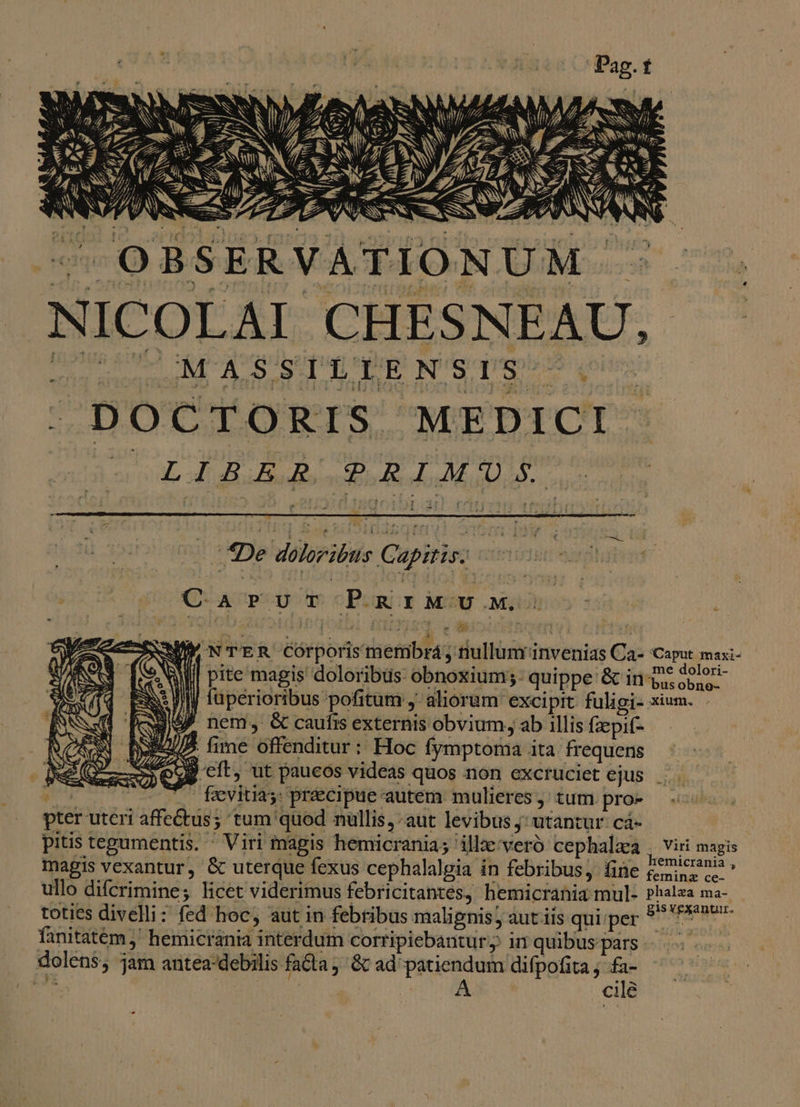 NICOLAI CHESNEAU, - DOCTORIS. MEDICI PUR UN Cay cuo PRIMO £t CQ. AP Dp cPugnor ow jos , zm: Jj füperioribus pofitum, aliorum excipit fuligi- xium. JS) nem, &amp; caufis externis obvium, ab illis fzepif- JES/P. fime offenditur: Hoc fymptoma ita frequens Seu cít, ut paucos videas quos non excruciet ejus... «d ... fevitiay precipue autem mulieres , tum pro- pter uteri affe&amp;us; 'tum'quod nullis, aut levibus j; utantur. cá- pitis tegumentis. ^ Viri magis hemicrania; illxveró cephalaa i Viri magis magis vexantur, &amp; uterque fexus cephalalgia in febribus, fine gasiciania ullo difcrimine; licet viderimus febricitantes, hemicrania mul- Phalza ma- toties divelli: fed hoc, aut in febribus malignis; aut iis qui per 5 Tar fanitatém ,' hemicrania interdum corripiebantury im quibus [ats «jor em: dolens; jam antea-debilis fadta,. &amp; ad' patiendum difpofita ; fa- ME | A cile